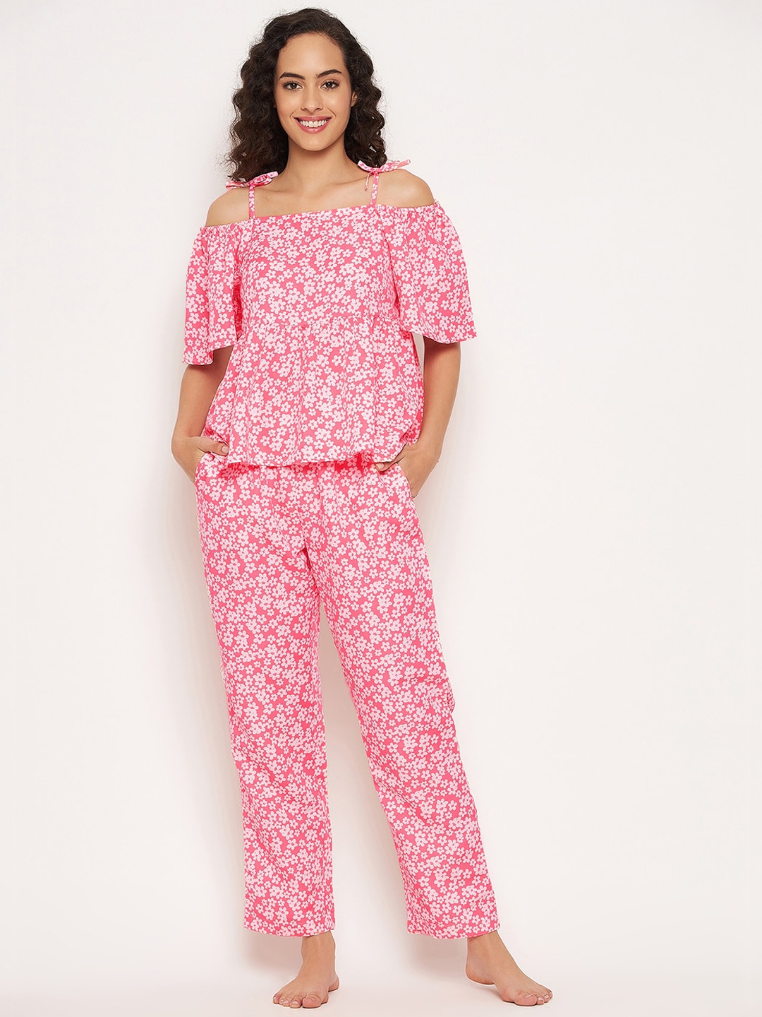

Clovia Women Pink & Off White Printed Night suit-LS0623P223XL-Pink