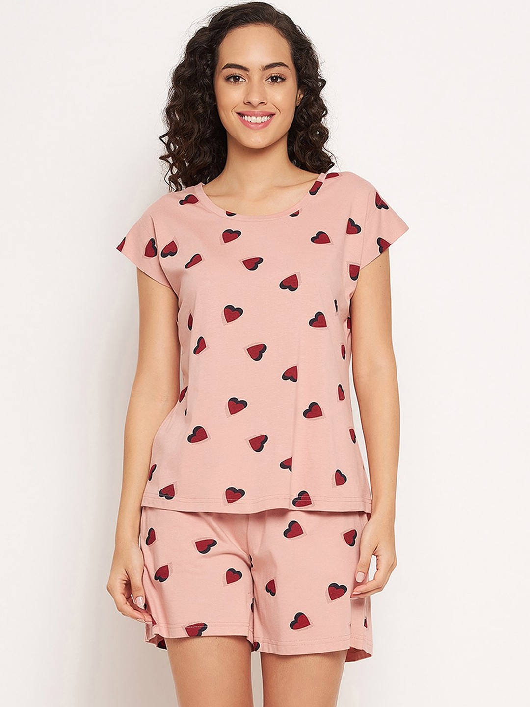 

Clovia Women Peach-Coloured & Red Heart Printed Night suit