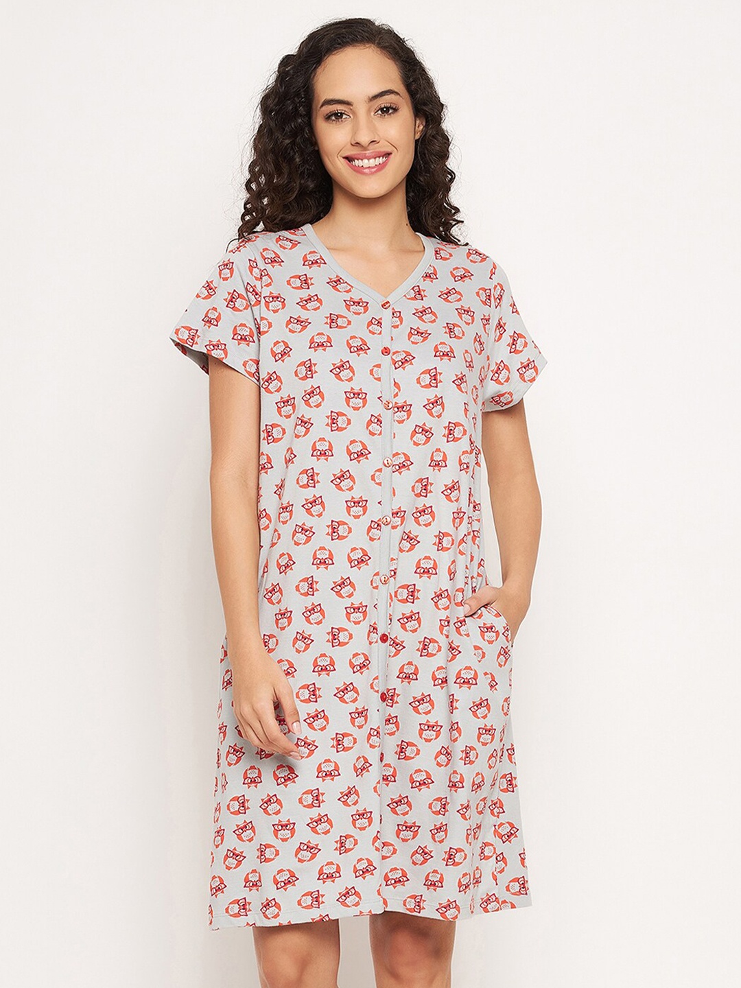 

Clovia Owl Print Button Me Up Short Nightdress, Grey