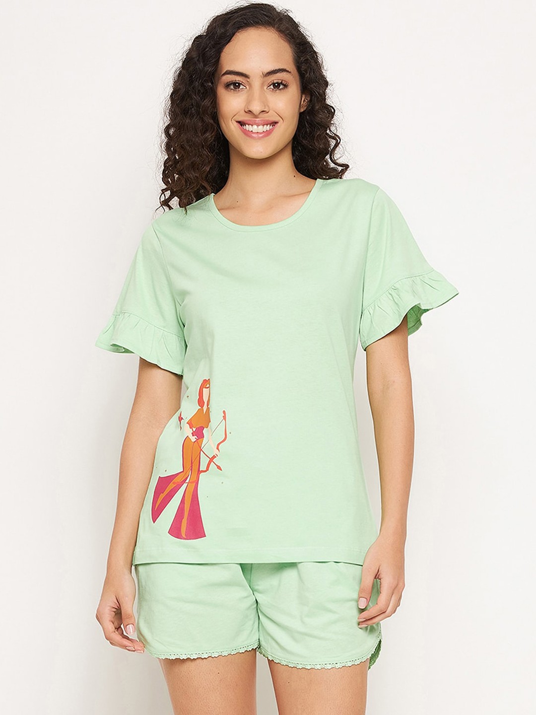 

Clovia Women Pure Cotton Printed Top & Shorts Set, Green