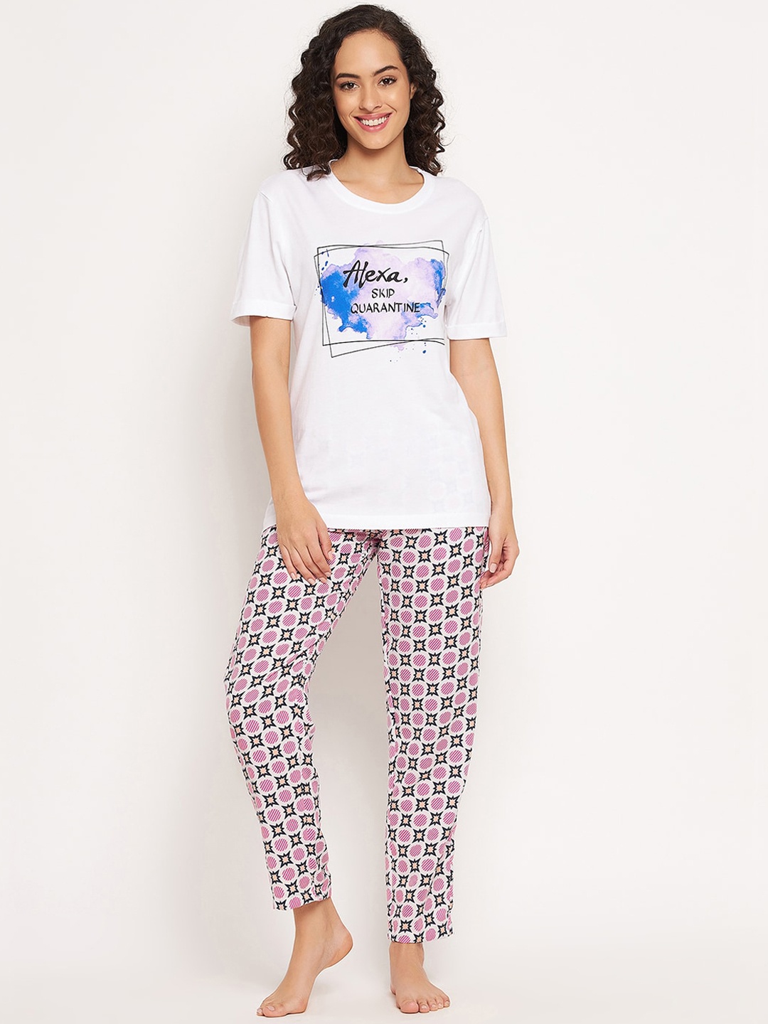 

Clovia Women White & Blue Printed Night suit