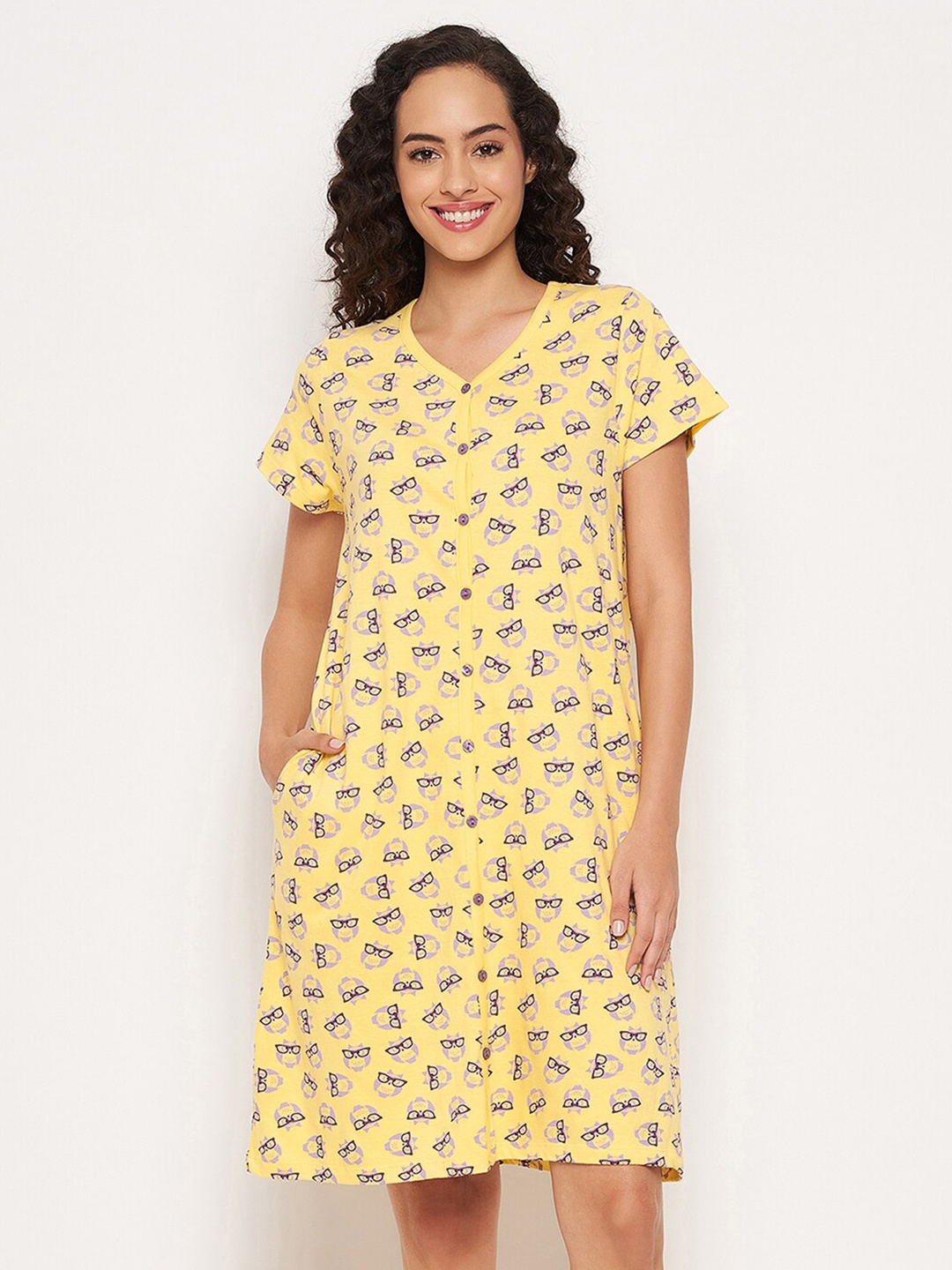 

Clovia Owl Printed Cotton Nightdress, Yellow