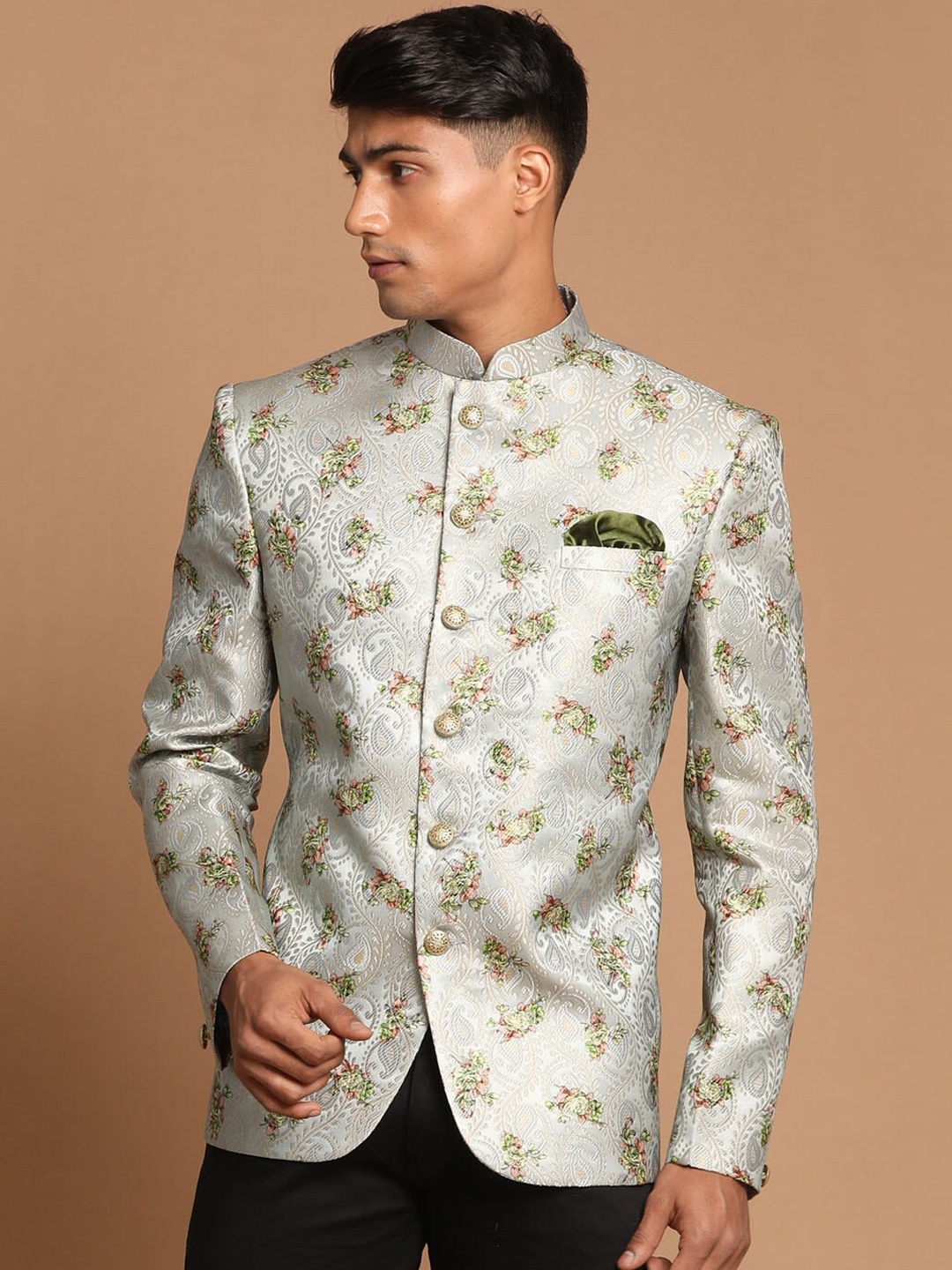 

VASTRAMAY Men Green Self-Design Jodhpuri Blazer