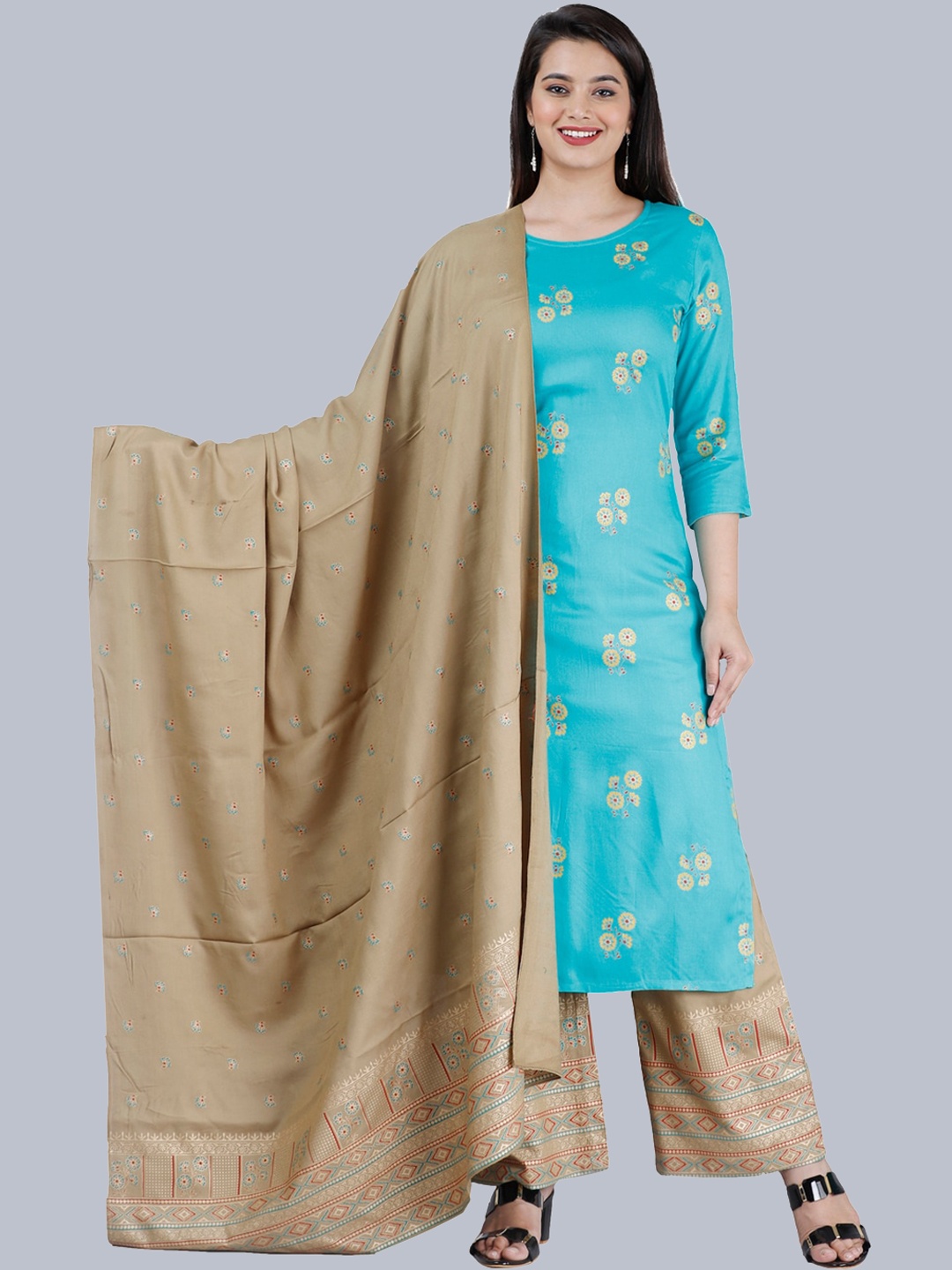 

MAUKA Women Sea Green Ethnic Motifs Printed Kurta with Palazzos & With Dupatta