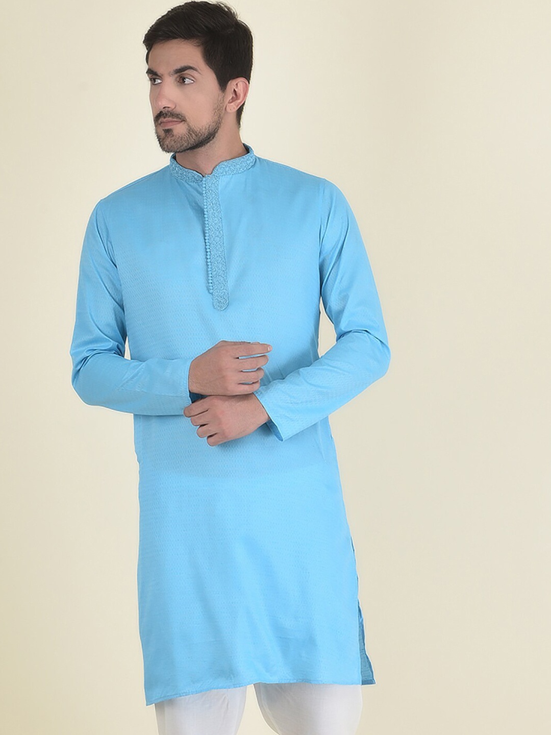 

DEYANN Men Blue Thread Work Jacquard Kurta