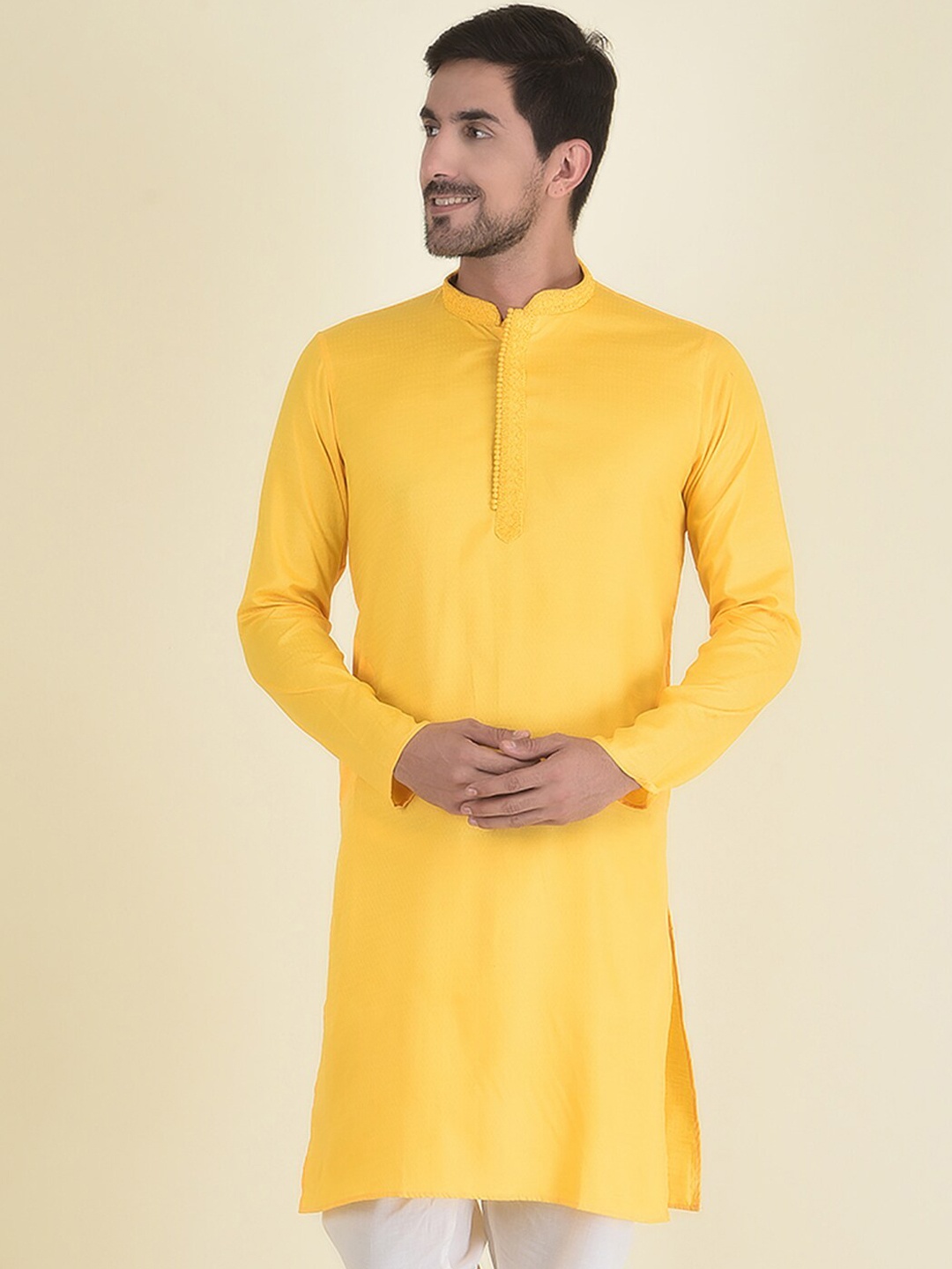 

DEYANN Men Yellow Thread Work Jacquard Pathani Kurta