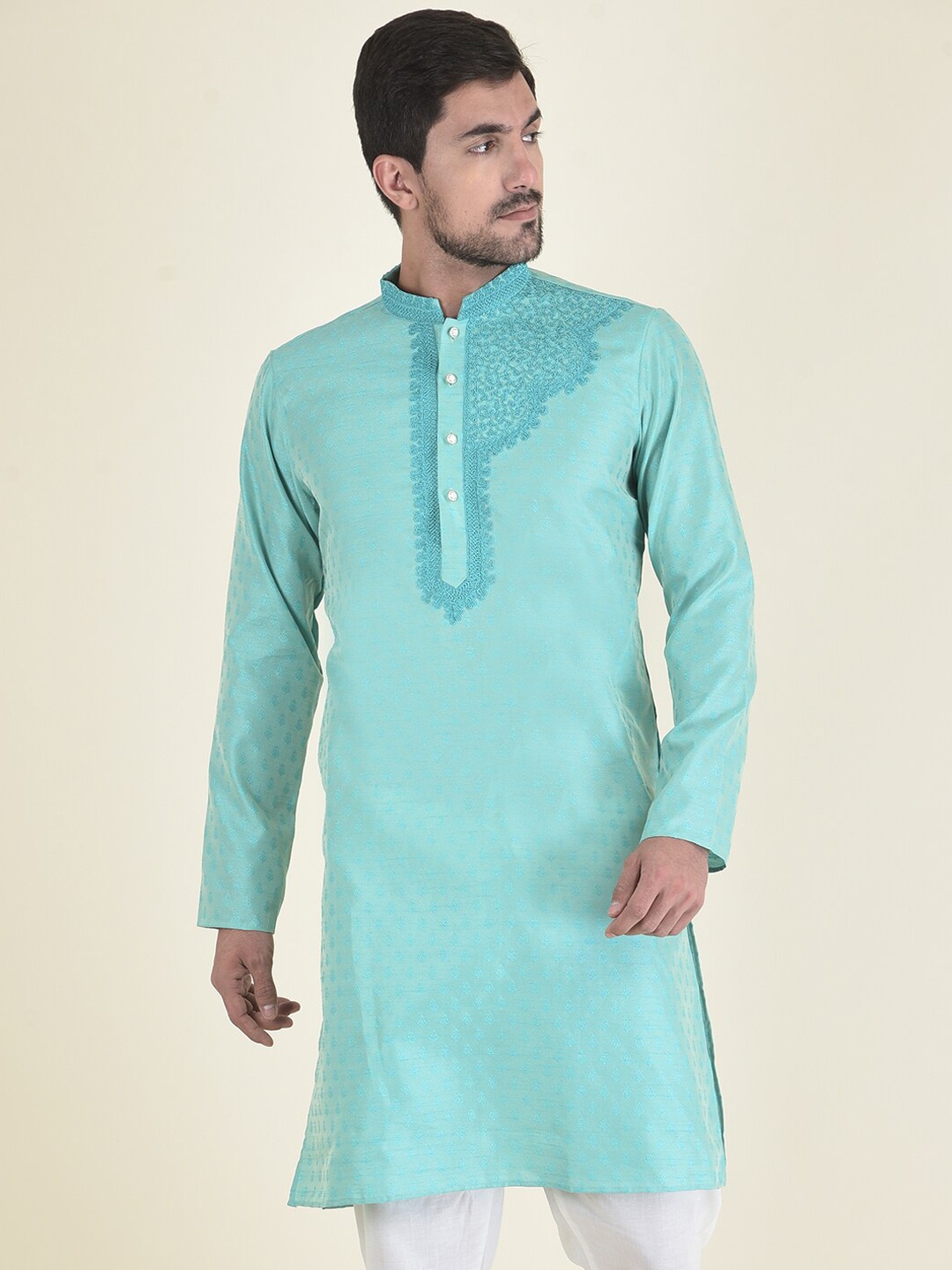 

DEYANN Men Blue Thread Work Jacquard Kurta