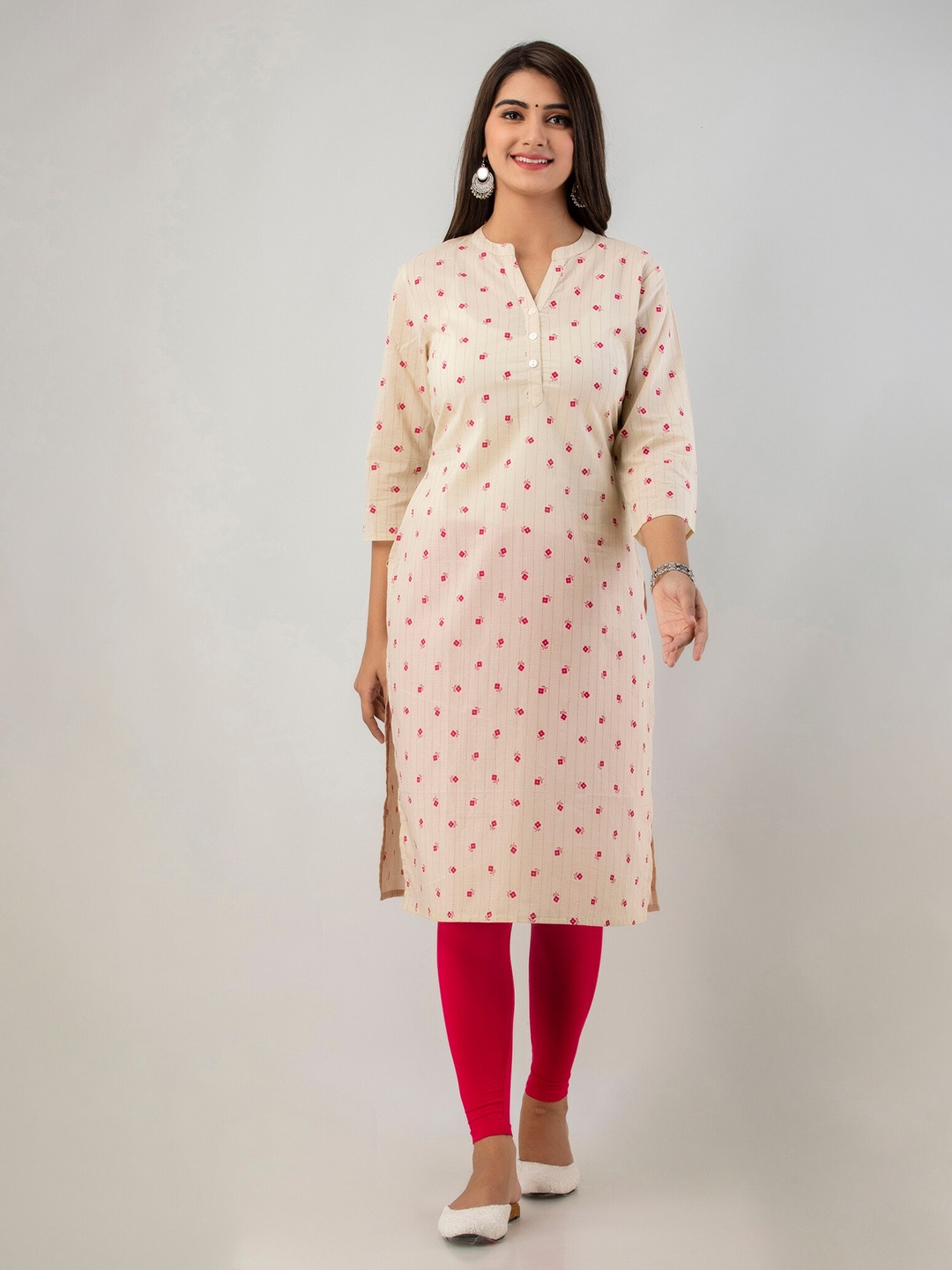 

Sutidora Women Cream-Coloured & Pink Floral Printed Cotton Kurta