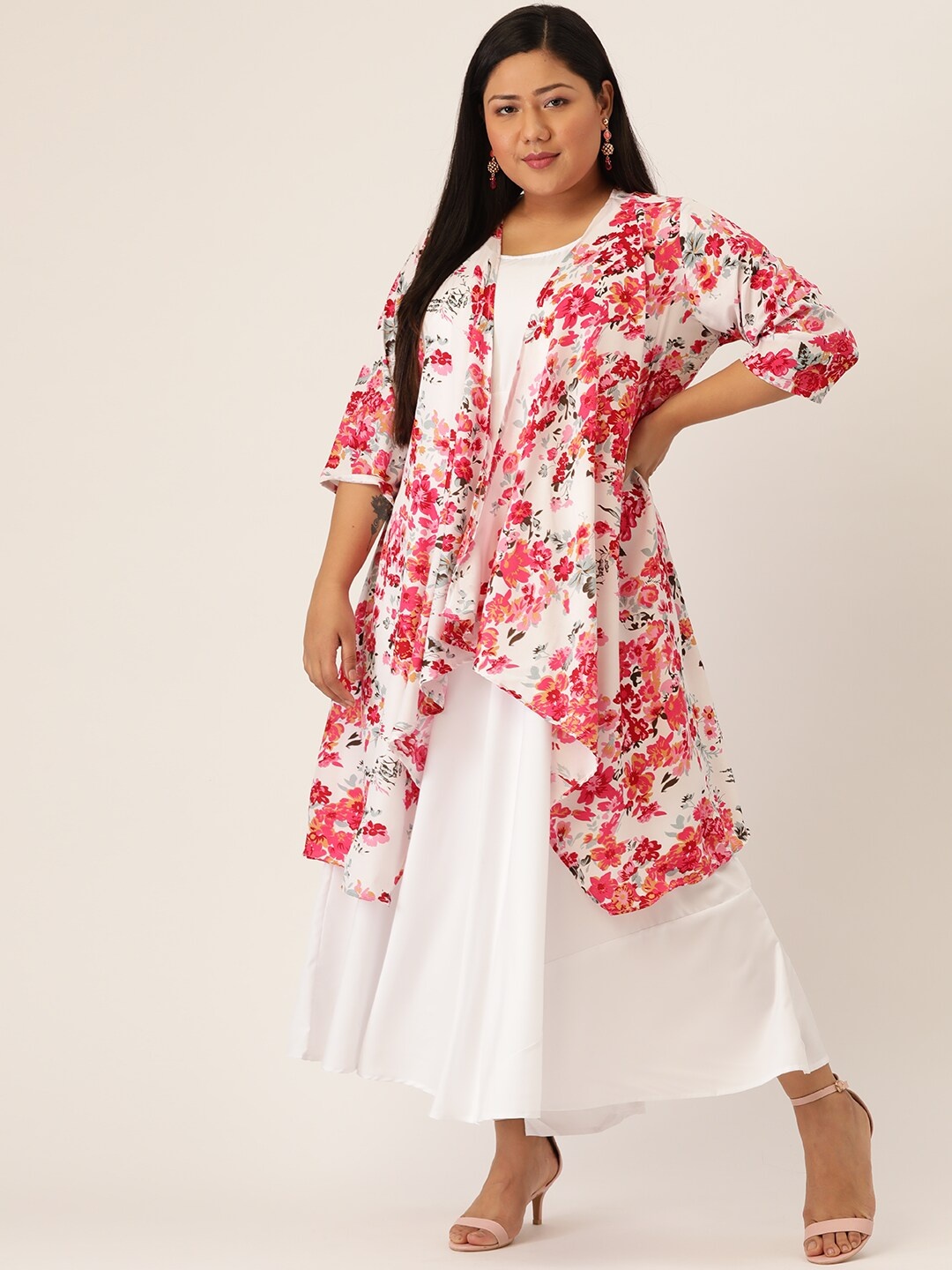

theRebelinme Women Plus Size White Solid Color Maxi Dress With Floral Printed Shrug