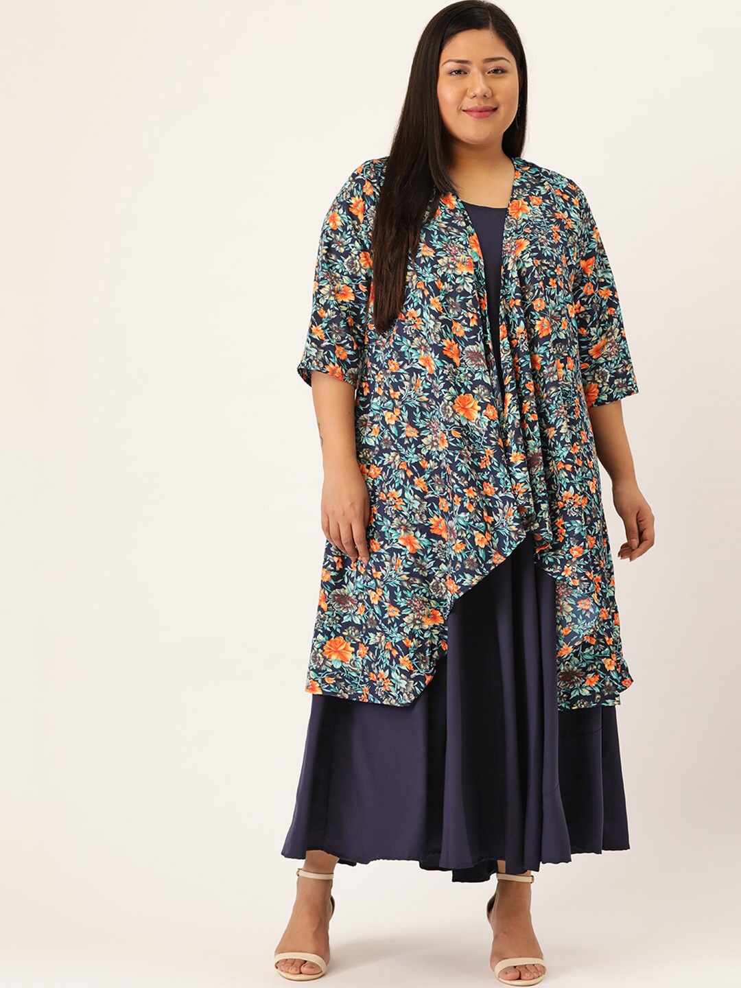 

theRebelinme Plus Size Women Navy Blue & Orange Solid Maxi Dress With Floral Shrug