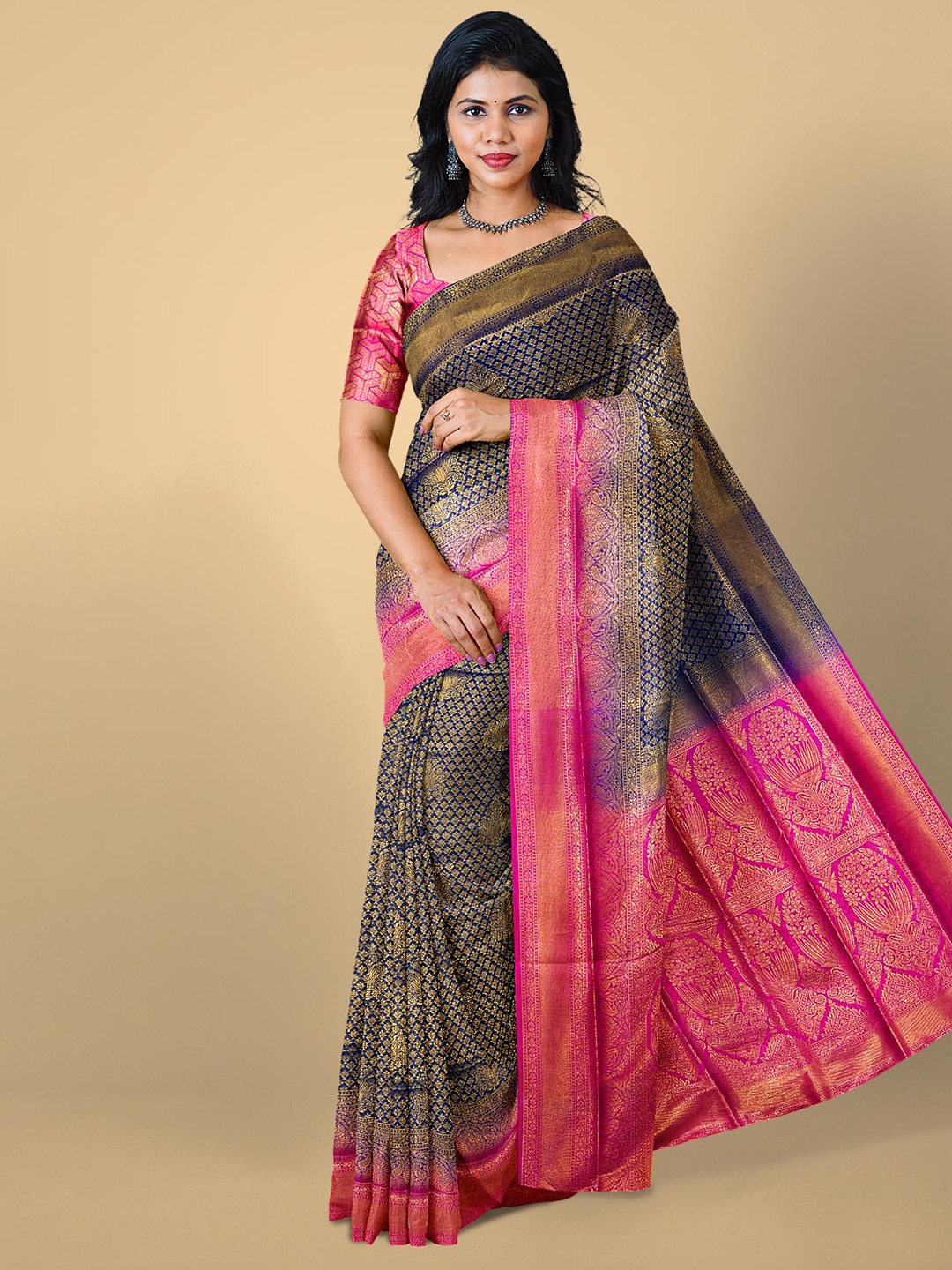 

Kalamandir Navy Blue & Pink Woven Design Zari Silk Blend Saree