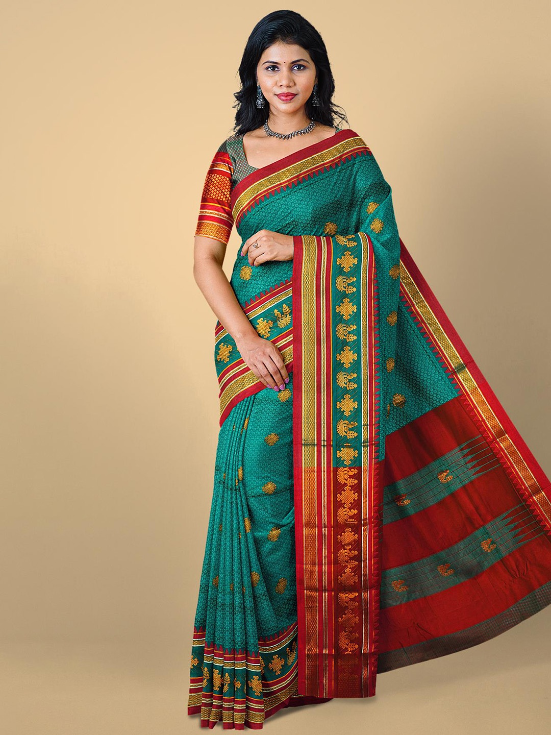 

Kalamandir Women Teal & Red Ethnic Motifs Zari Silk Blend Saree