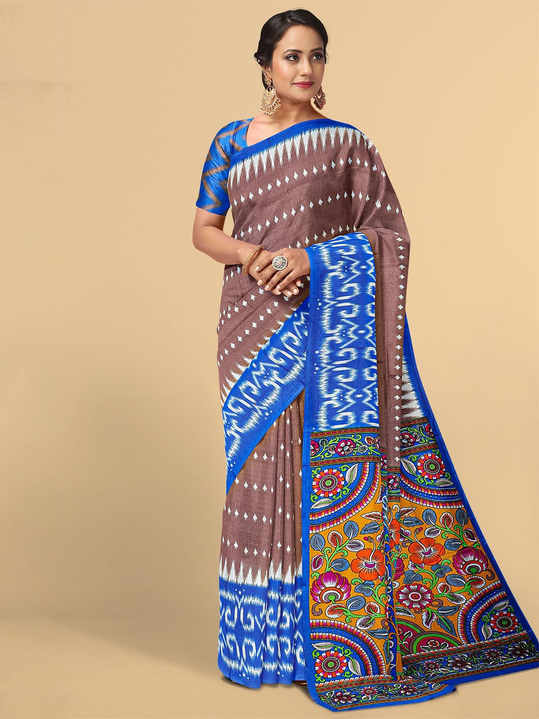 

Kalamandir Brown & Blue Ethnic Motifs Silk Blend Saree