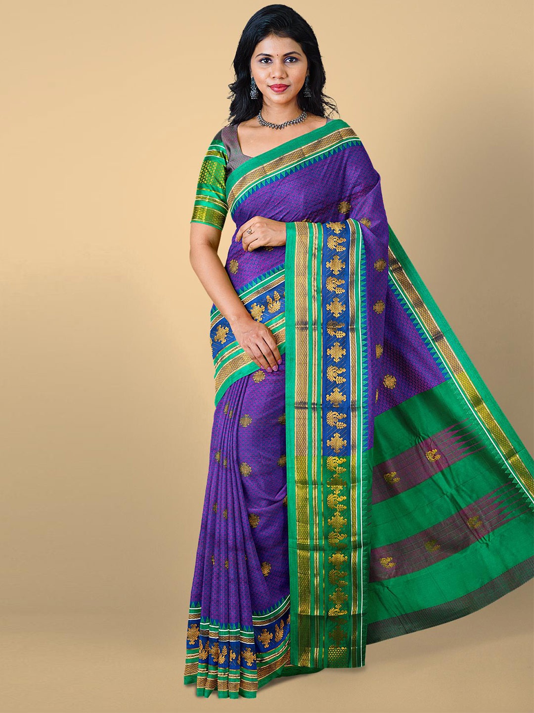 

Kalamandir Women Purple & Green Ethnic Motifs Zari Silk Blend Saree