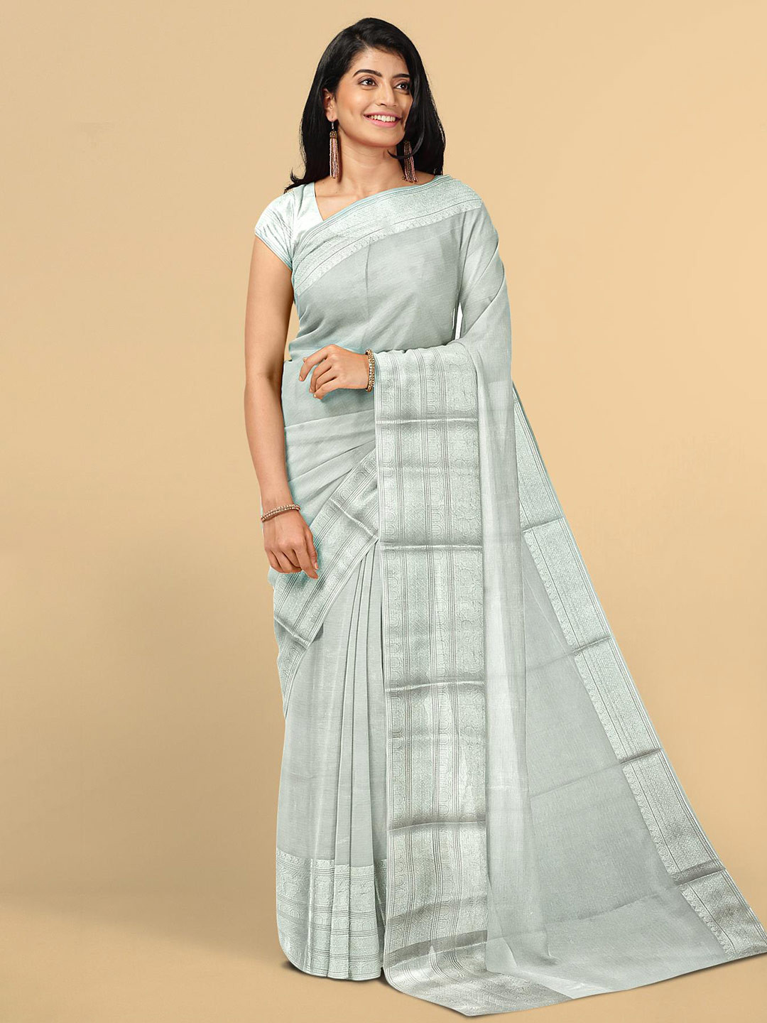 

Kalamandir Silver-Toned Zari Silk Blend Saree