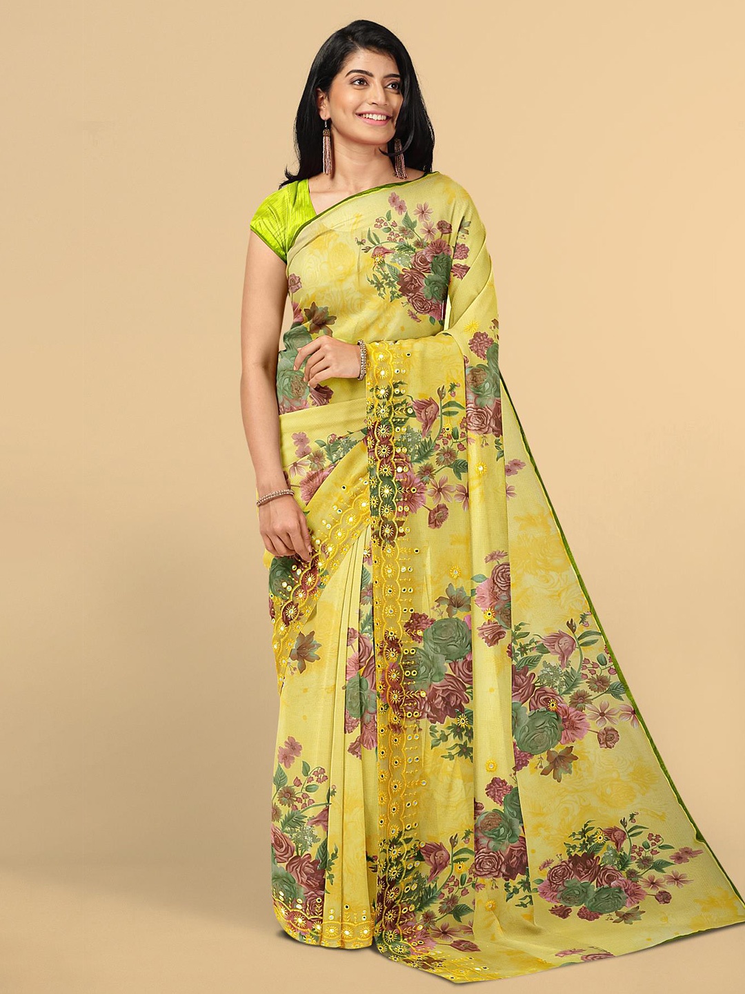 

Kalamandir Women Yellow & Green Floral Printed and Embroidered Saree