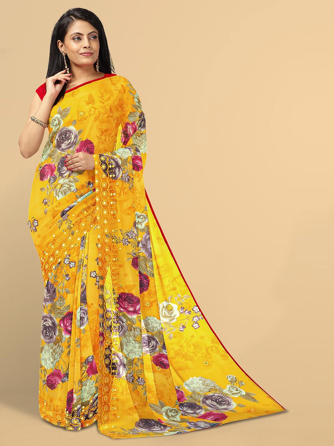 

Kalamandir Women Yellow & Purple Floral Embroidered Saree