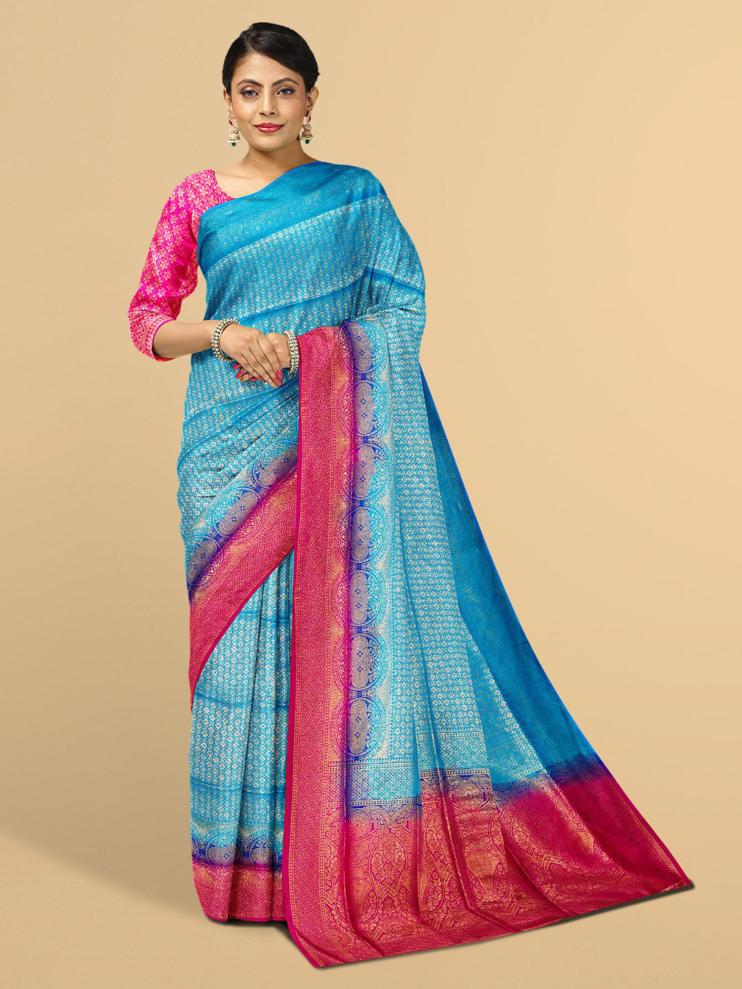 

Kalamandir Blue & Red Woven Design Zari Silk Blend Saree
