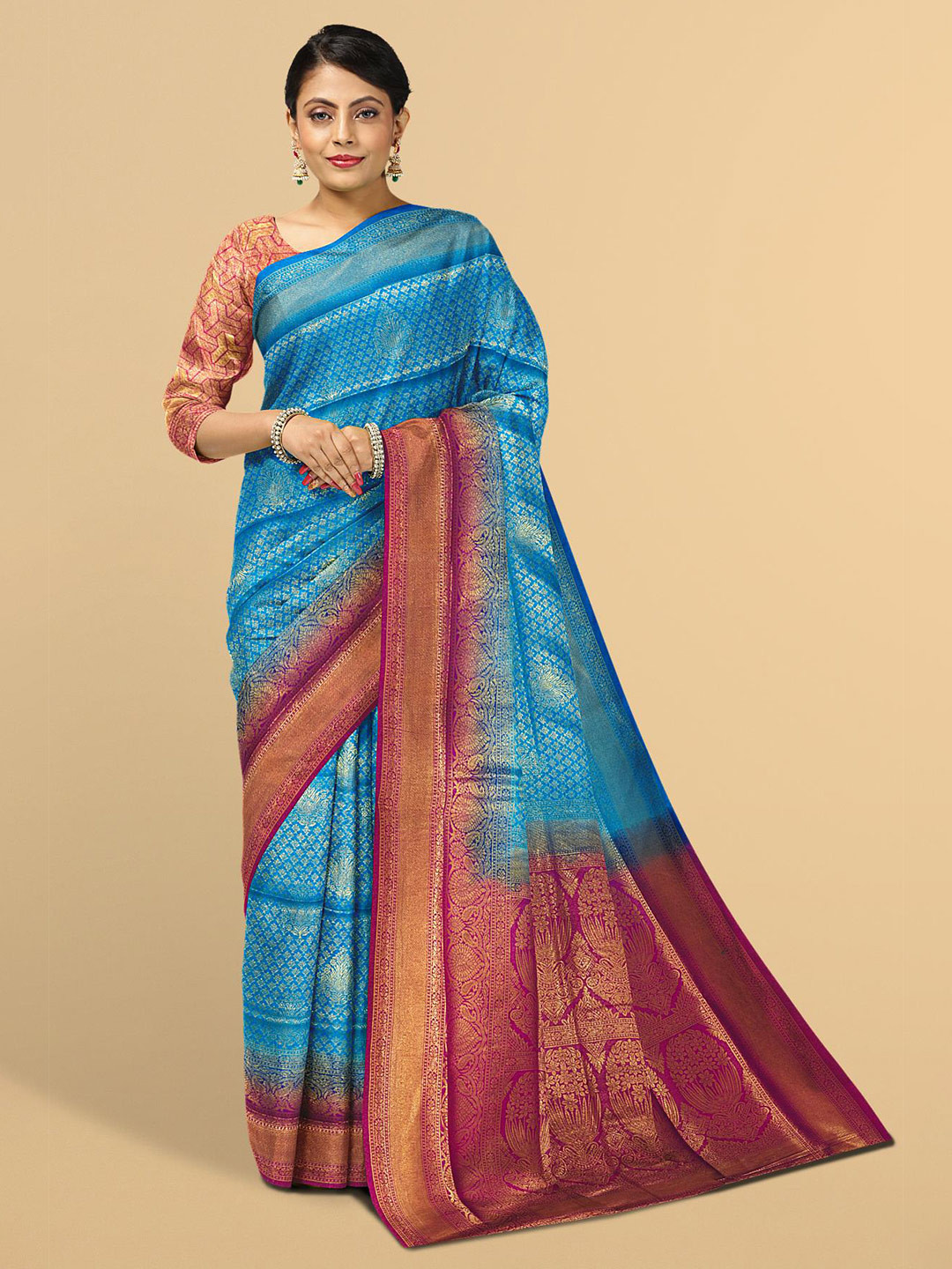 

Kalamandir Blue & Red Woven Design Zari Silk Blend Saree
