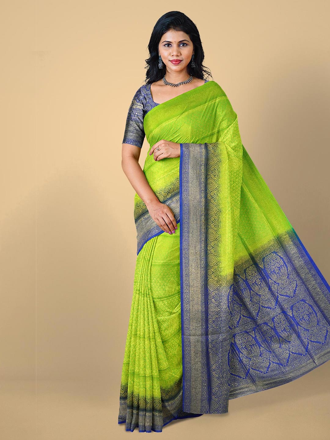 

Kalamandir Olive Green & Blue Woven Design Zari Silk Blend Saree