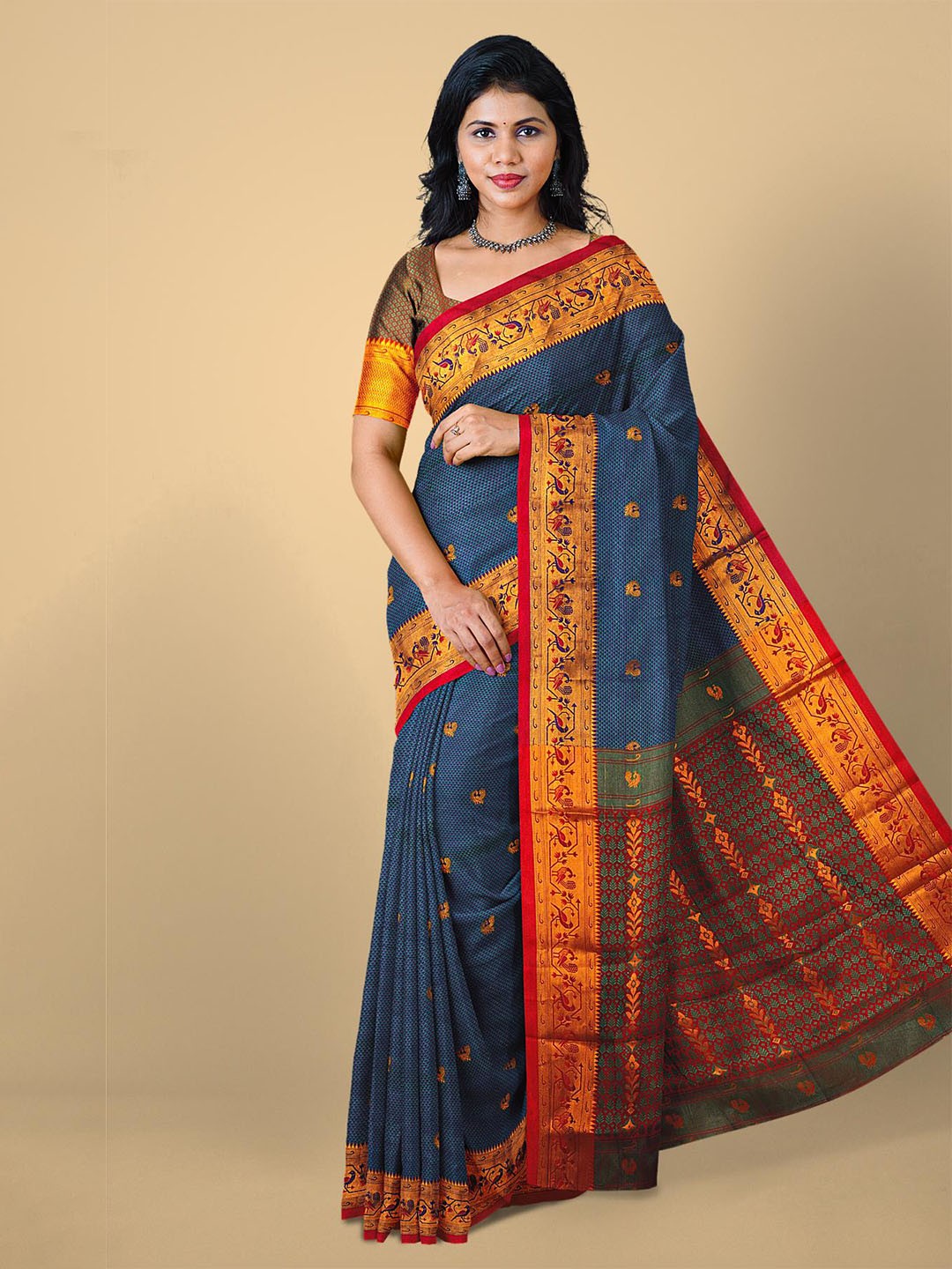 

Kalamandir Women Navy Blue & Red Woven Design Zari Silk Blend Saree
