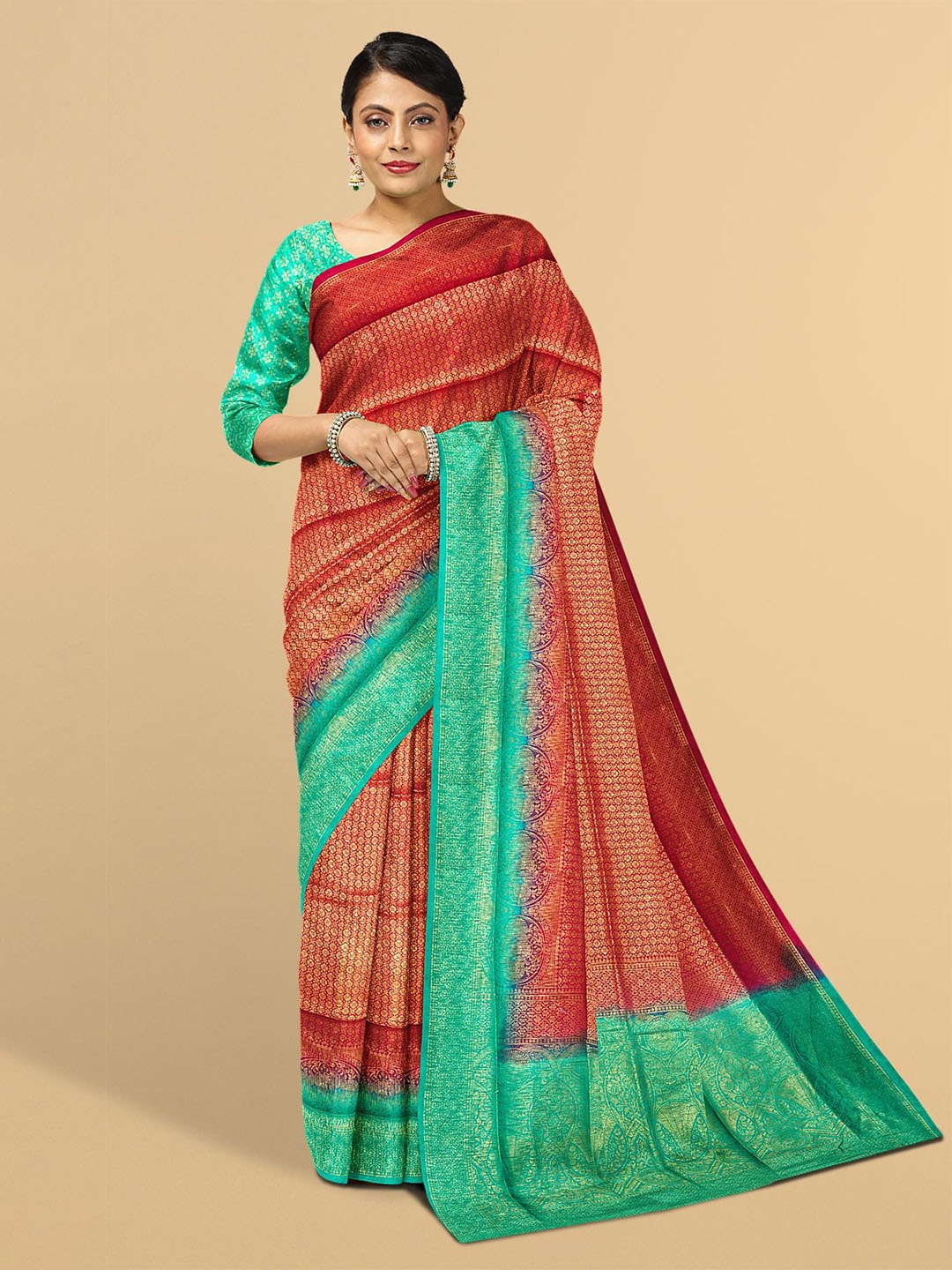 

Kalamandir Red & Green Woven Design Zari Silk Blend Saree