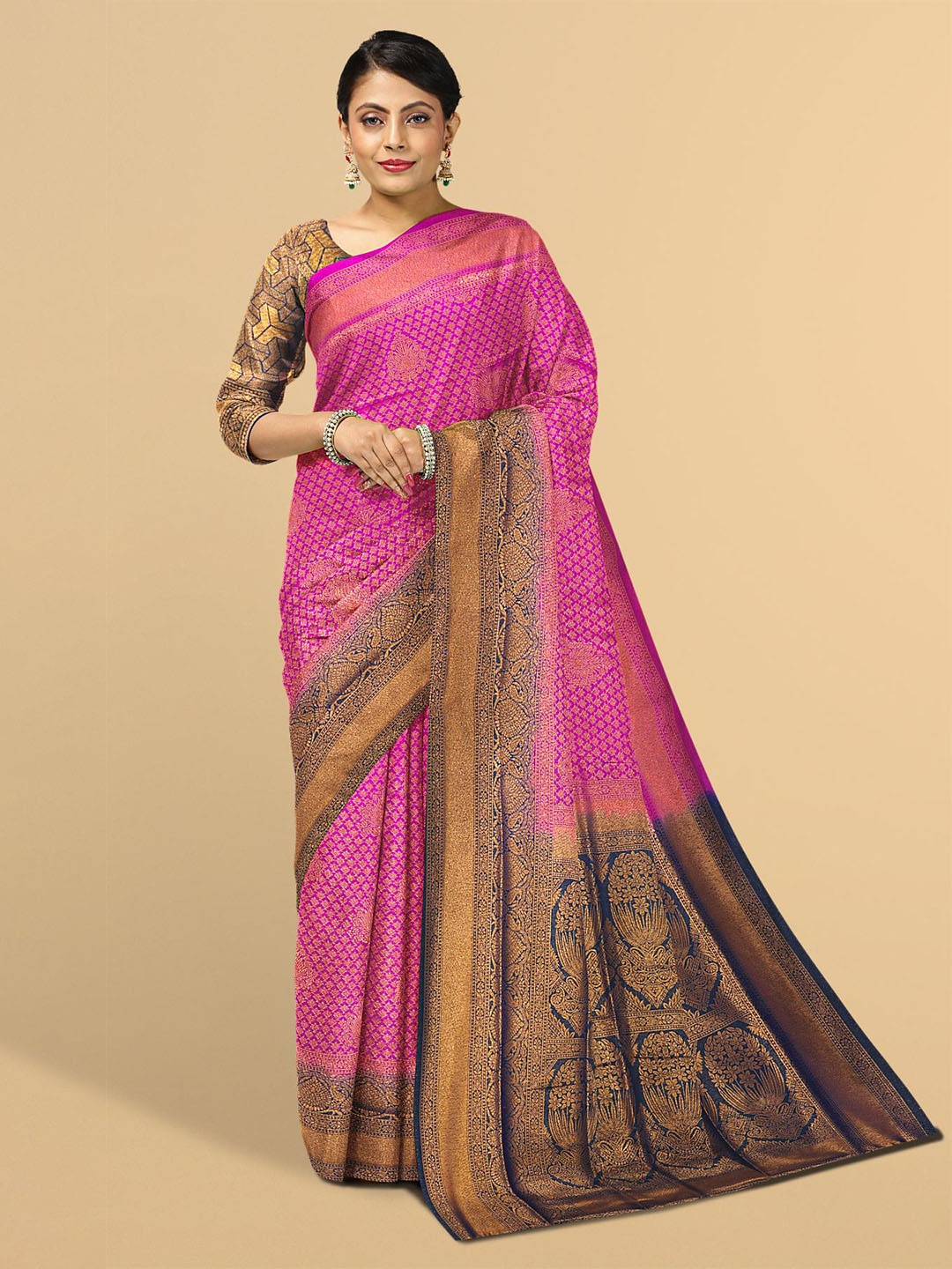 

Kalamandir Pink & Gold-Toned Woven Design Zari Silk Blend Saree