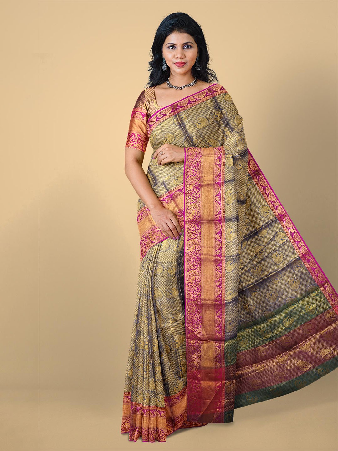 

Kalamandir Blue & Magenta Woven Design Zari Silk Blend Saree