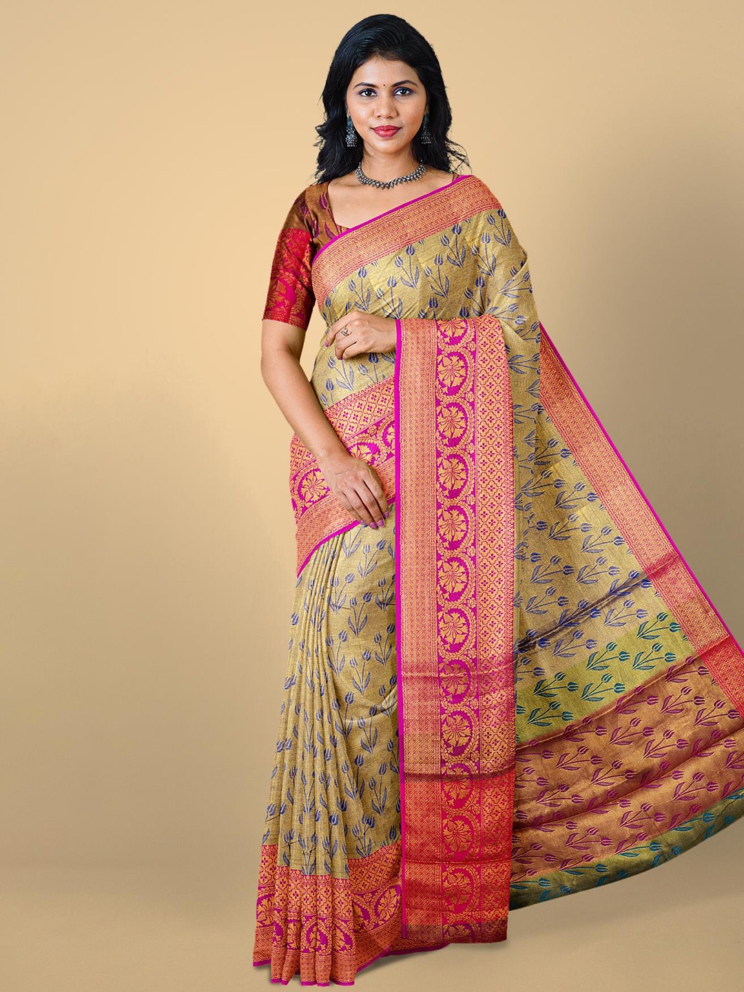

Kalamandir Green & Pink Floral Zari Silk Blend Saree