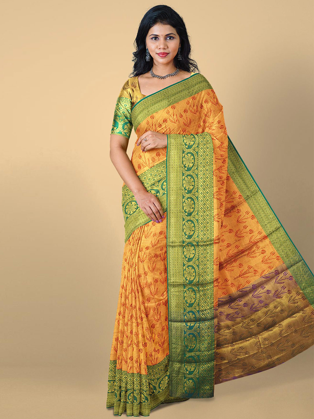 

Kalamandir Red & Green Floral Zari Saree