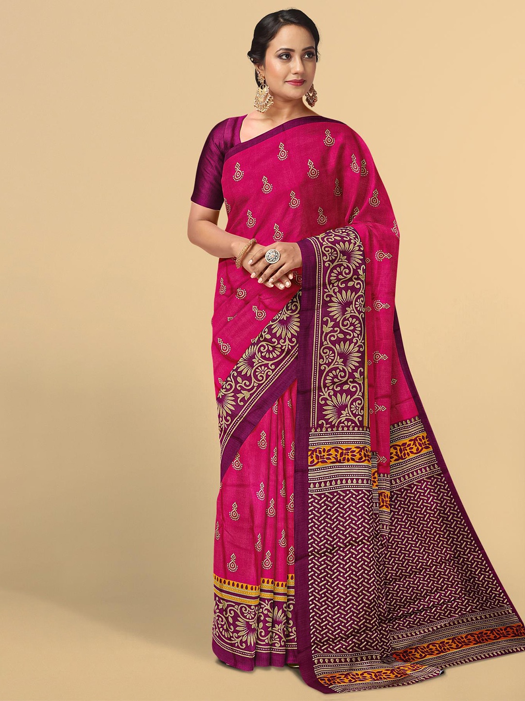 

Kalamandir Pink & Orange Ethnic Motifs Silk Blend Saree