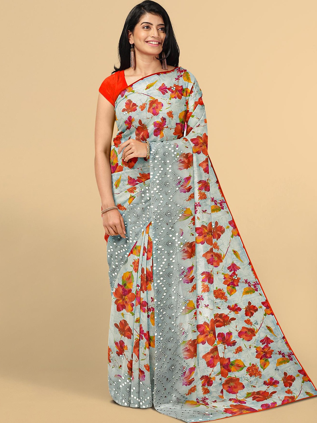 

Kalamandir Grey & Red Poly Georgette Floral Saree