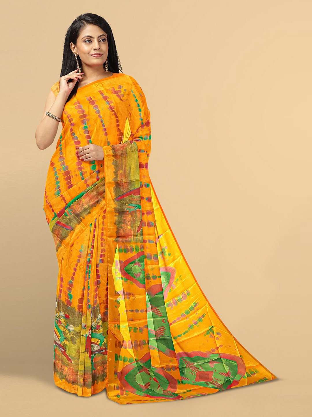 

Kalamandir Mustard Yellow & Green Bandhani Tissue Saree