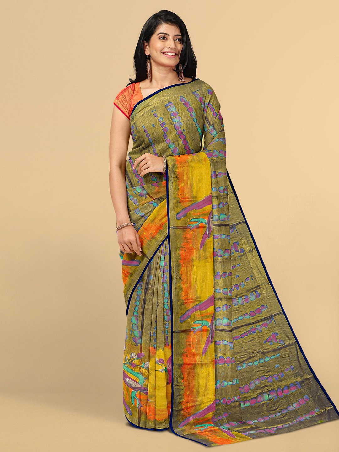 

Kalamandir Blue & Orange Tie and Dye Tissue Saree