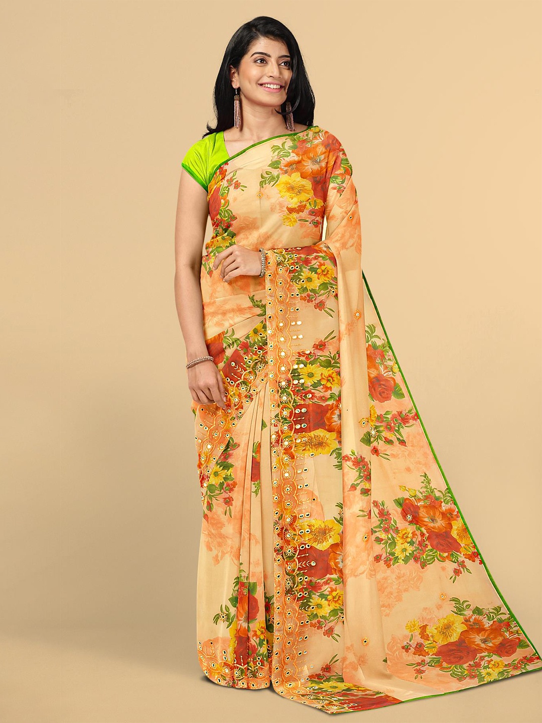 

Kalamandir Orange & Red Floral Printed Mirror Work Saree