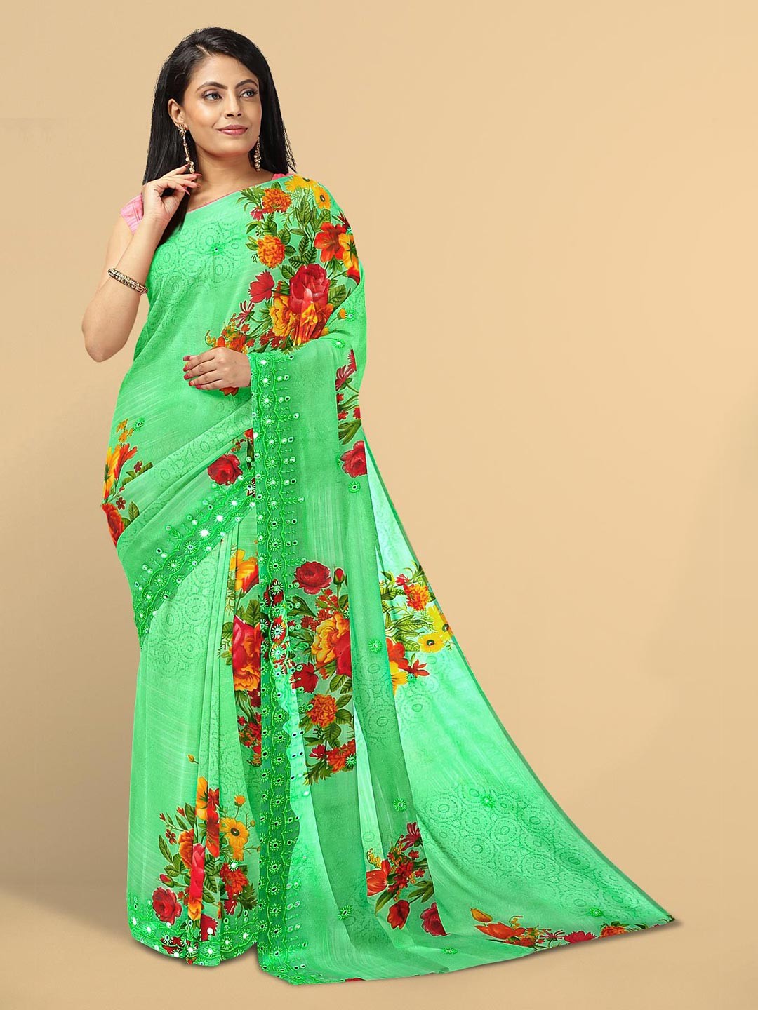 

Kalamandir Green & Red Floral Saree