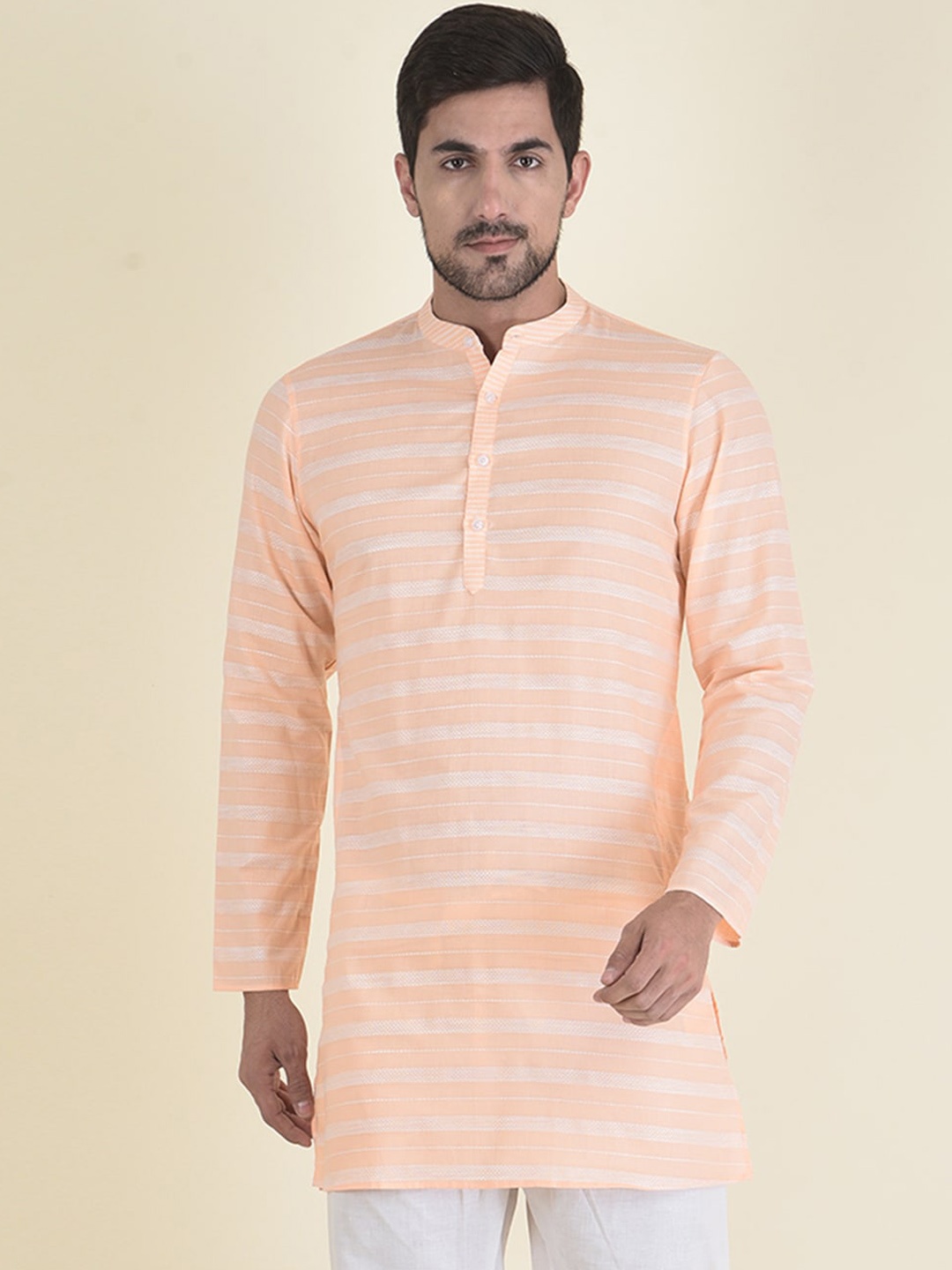 

DEYANN Men Orange Striped Kurta with Pyjamas