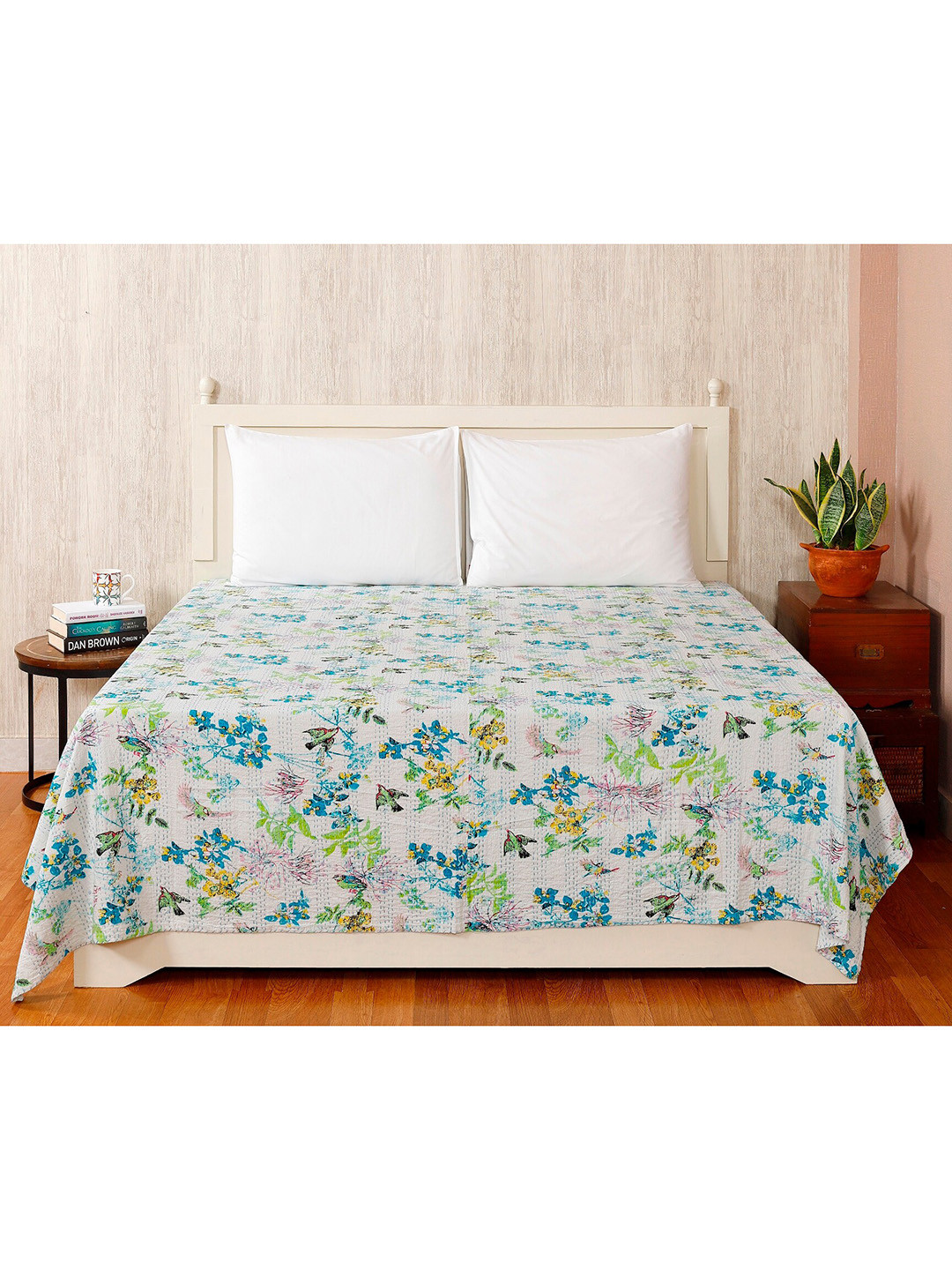 

HANDICRAFT PALACE White Printed Kantha Embroidered Cotton Double Queen Bed Cover