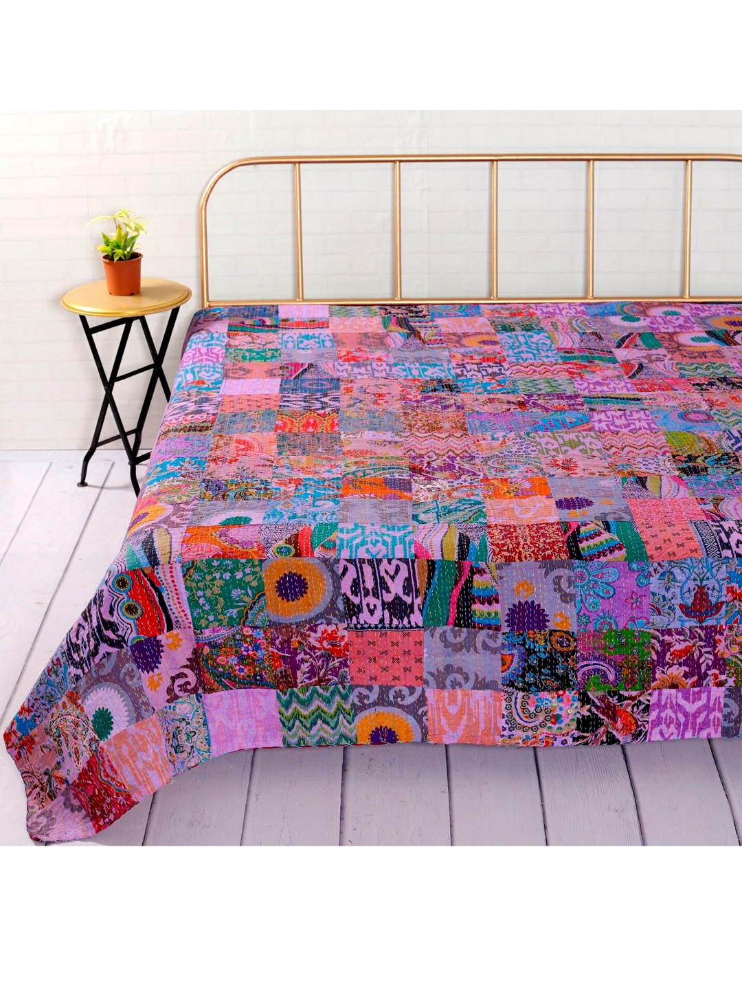 

HANDICRAFT PALACE Purple Printed & Embroidered Double Queen Bed Cover