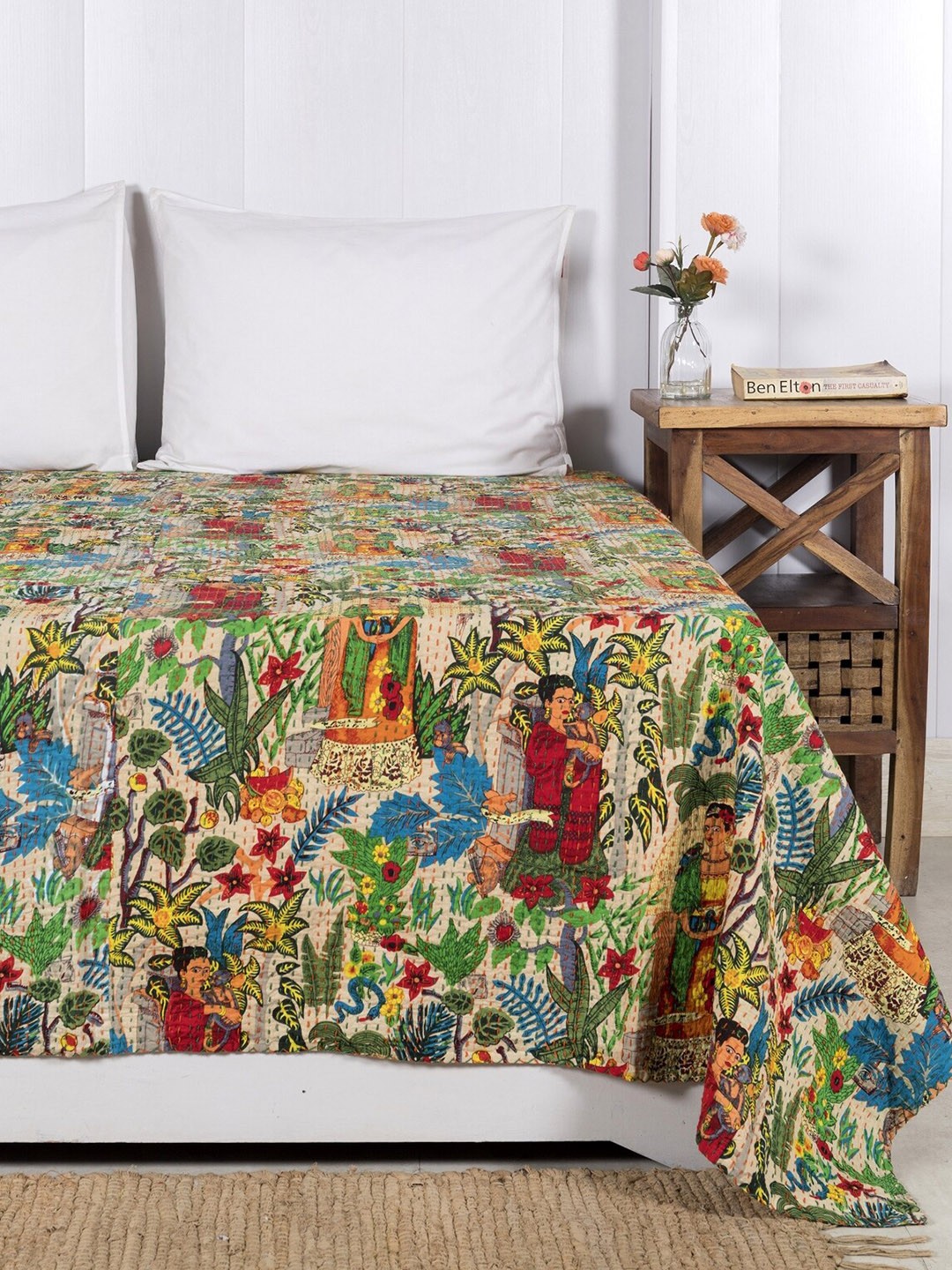 

HANDICRAFT PALACE Multicolor Kantha Embroidered Cotton Double Queen Bed Cover, Multi