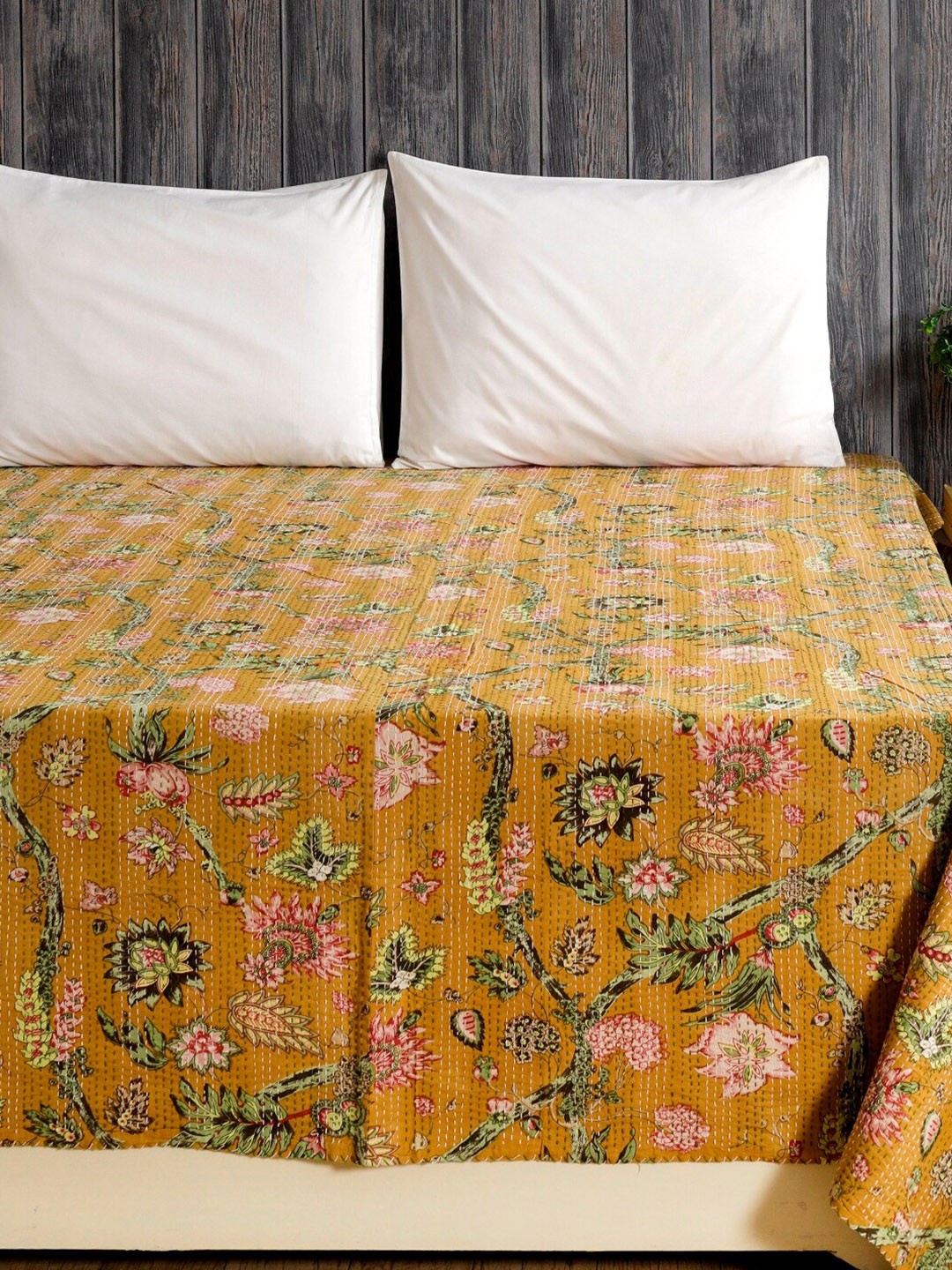

HANDICRAFT PALACE Brown Printed Kantha Embroidered Cotton Double Bed Cover 180 to 249 TC