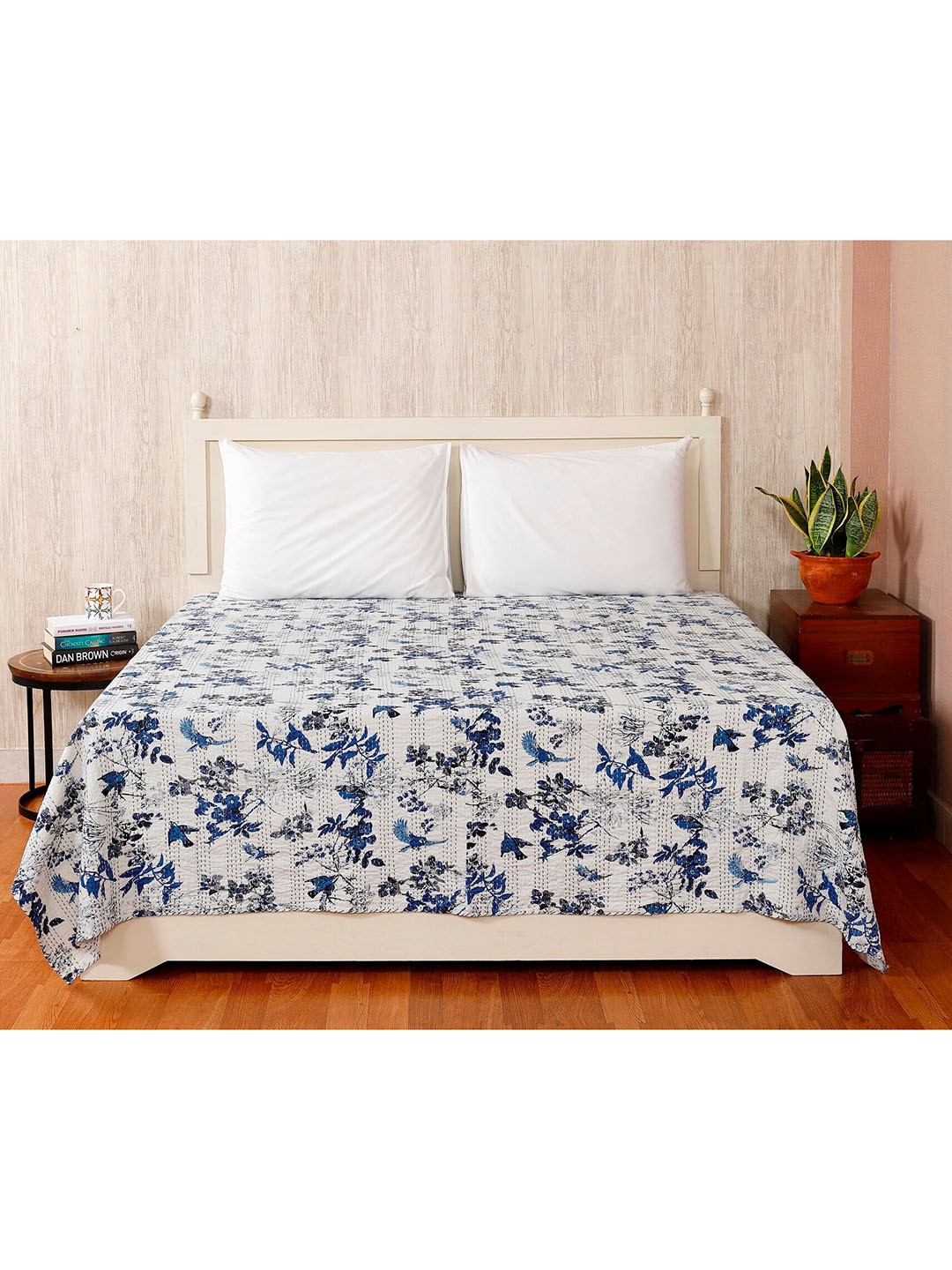 

HANDICRAFT PALACE White & Blue Kantha Embroidered Cotton Double Queen Bed Cover