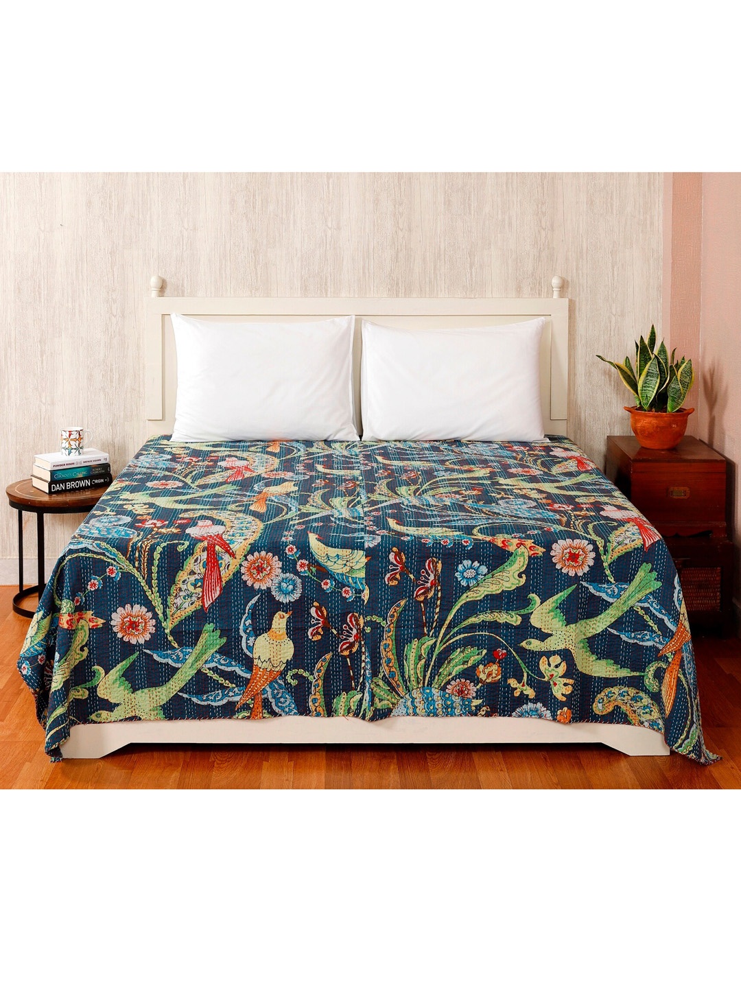 

HANDICRAFT PALACE Blue Printed Kantha Embroidered Cotton Double Queen Bed Cover
