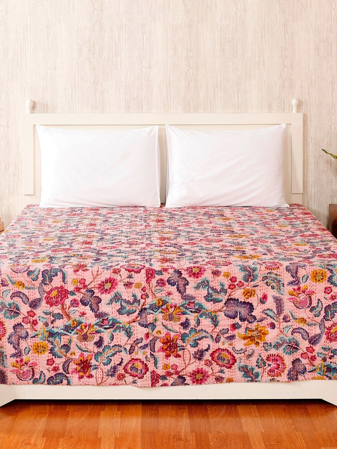 

HANDICRAFT PALACE Beige & Pink Kantha Embroidered Cotton Double Queen Bed Cover