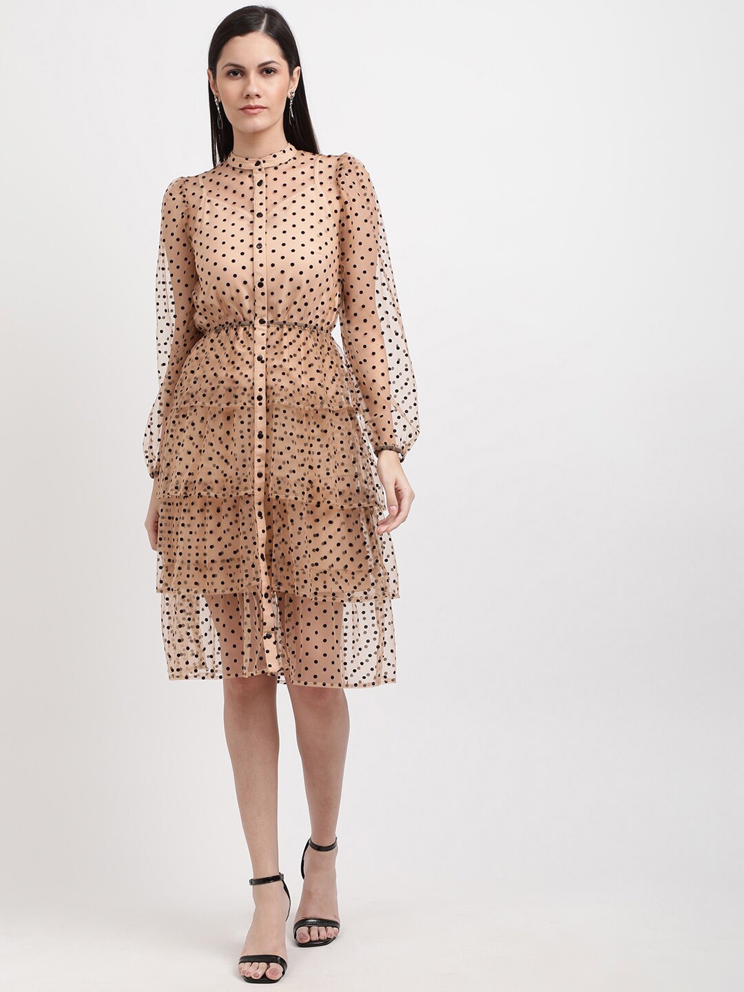 

CENTRESTAGE Beige & Black Layered Tiered Fit & Flare Dress