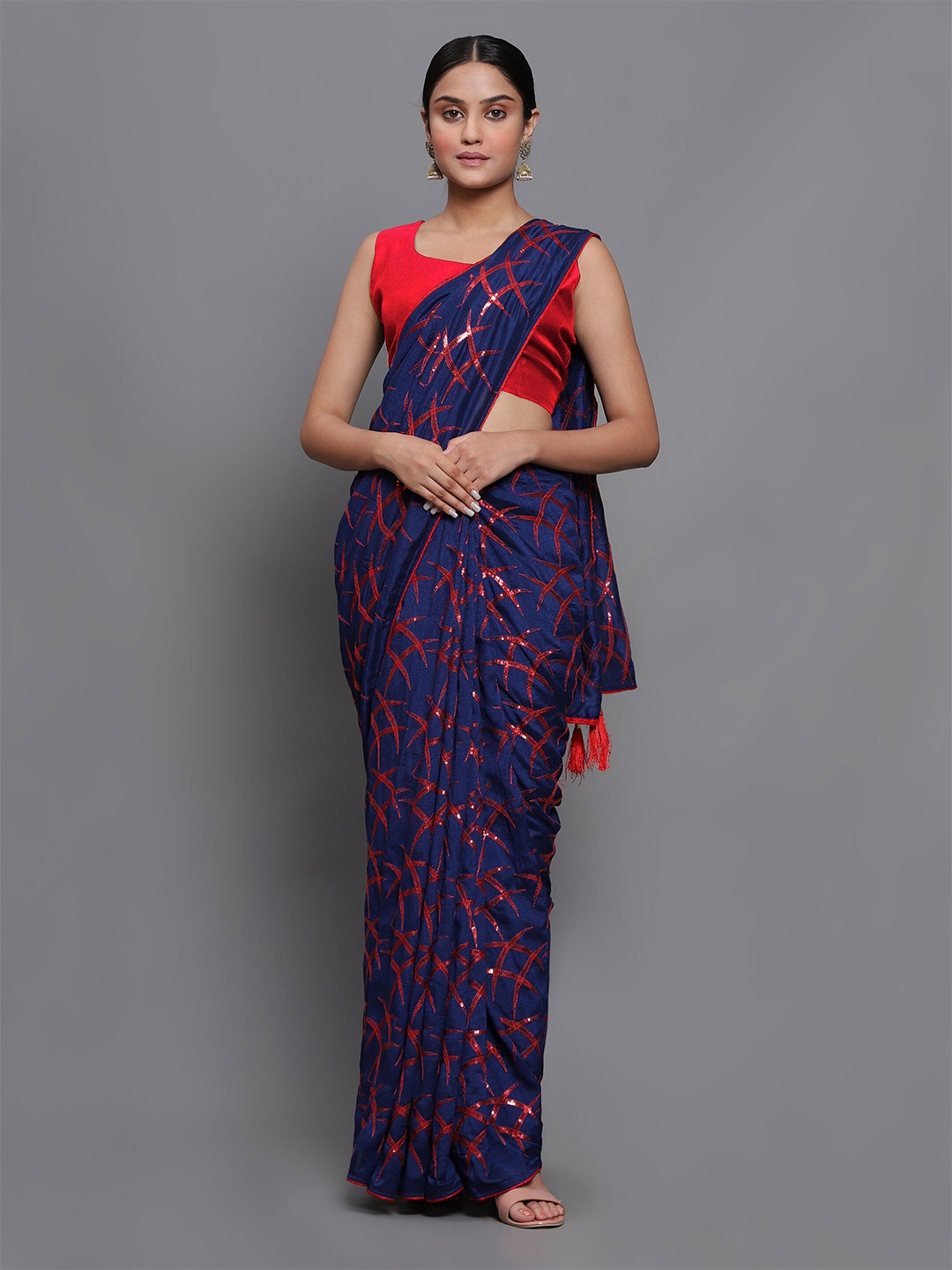 

3BUDDY FASHION Navy Blue & Red Embellished Sequinned Jute Silk Maheshwari Saree