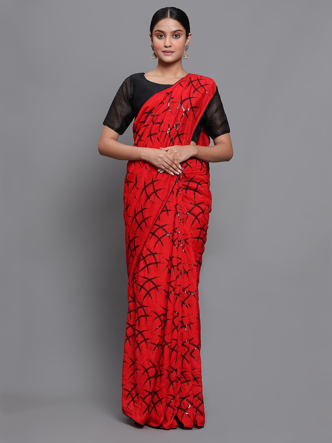 

3BUDDY FASHION Women Red & Black Embellished Sequinned Jute Silk Fusion Maheshwari Saree