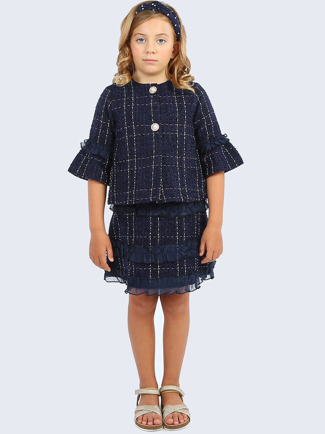

One Friday Girls Navy-Blue Checked Straight Knee-Length Skirt