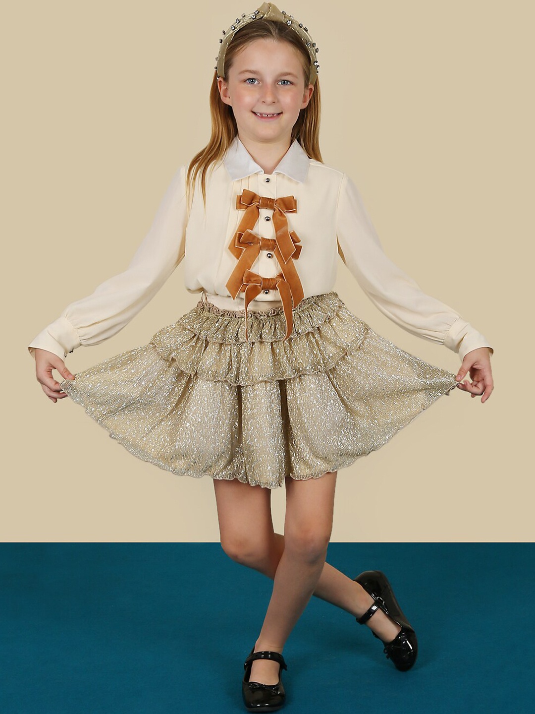 

One Friday Girls Golden Layered Self-Design Tiered Mini Skirt, Gold