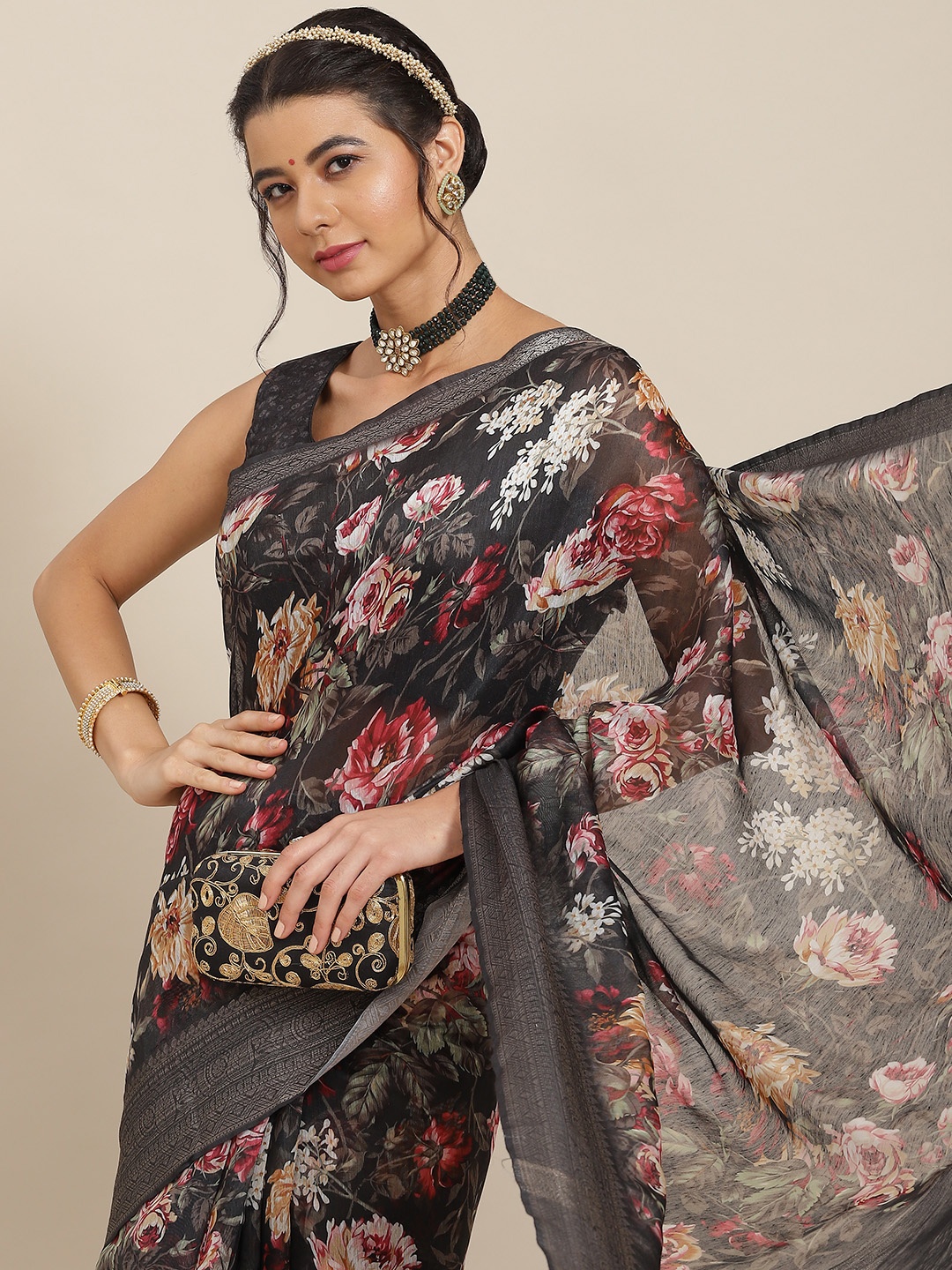 

SAARYA Black Floral Organza Saree